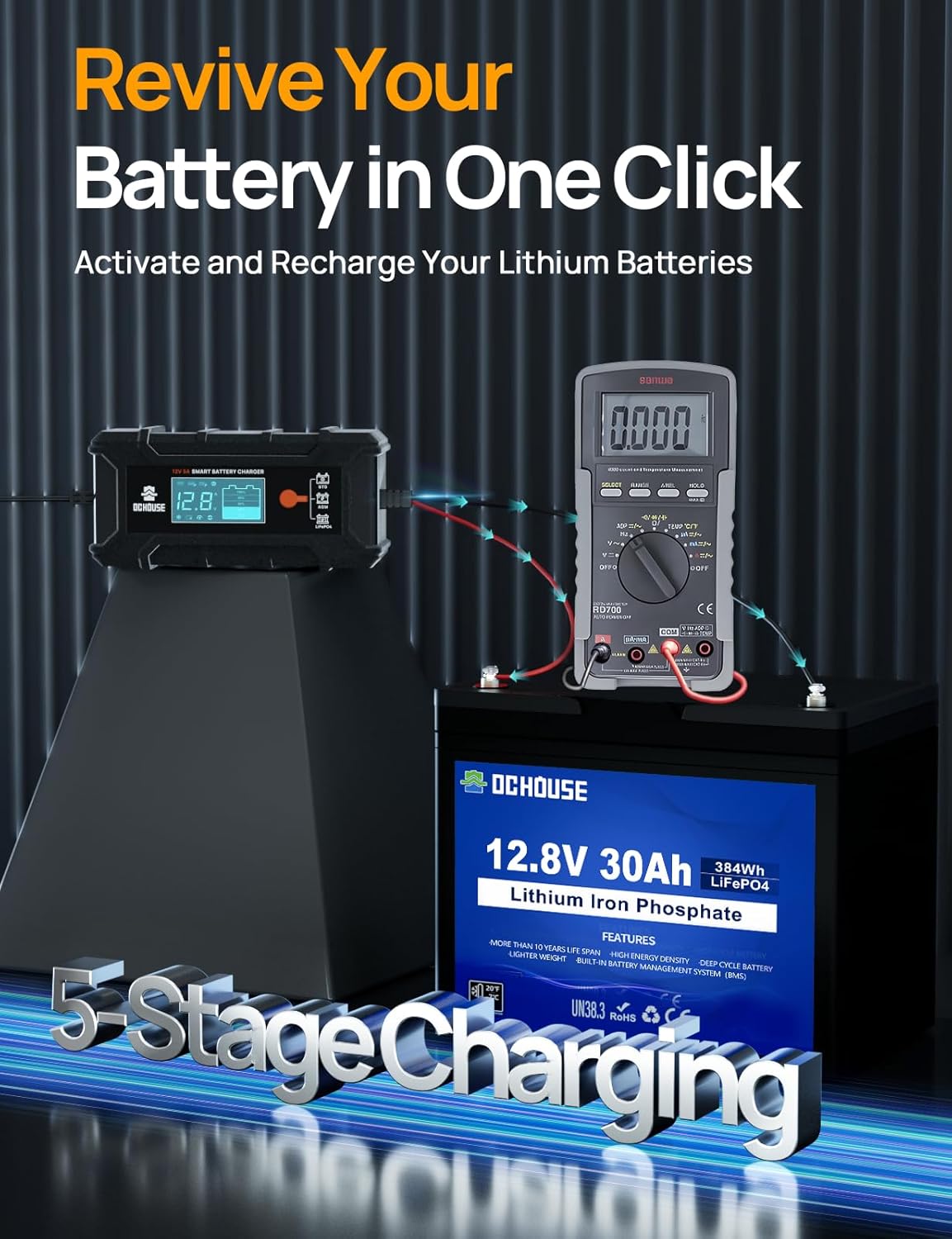 DC HOUSE 5A Battery Charger, 12V Smart Lithium Battery Charger for LiFePO4 & Lead Acid, Trickle Charger Maintainer and Desulfator for Car, Motorcycle, Automotive Batteries
