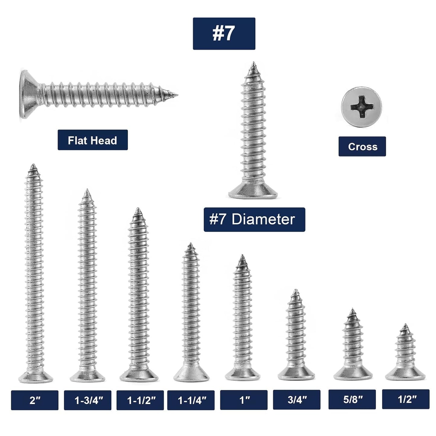 #7 x 5/8" Wood Screw 100Pcs 18-8 (304) Stainless Steel Screws Flat Head Phillips Fast Self Tapping Drywall Screws by SG TZH