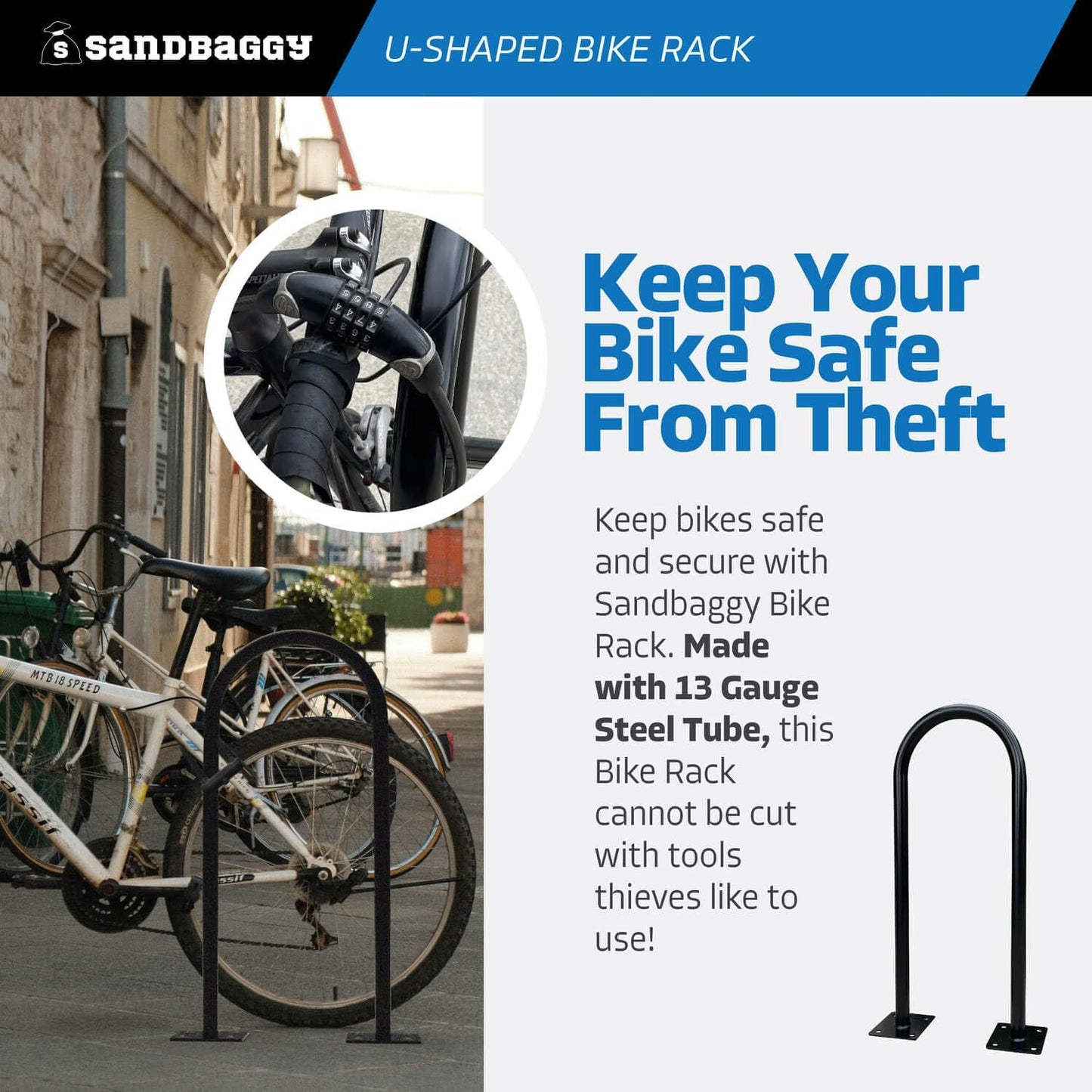 Sandbaggy U Shaped Bike Rack - Outdoor, Commercial - Galvanized Steel - Surface/Ground Mounted (5, White)