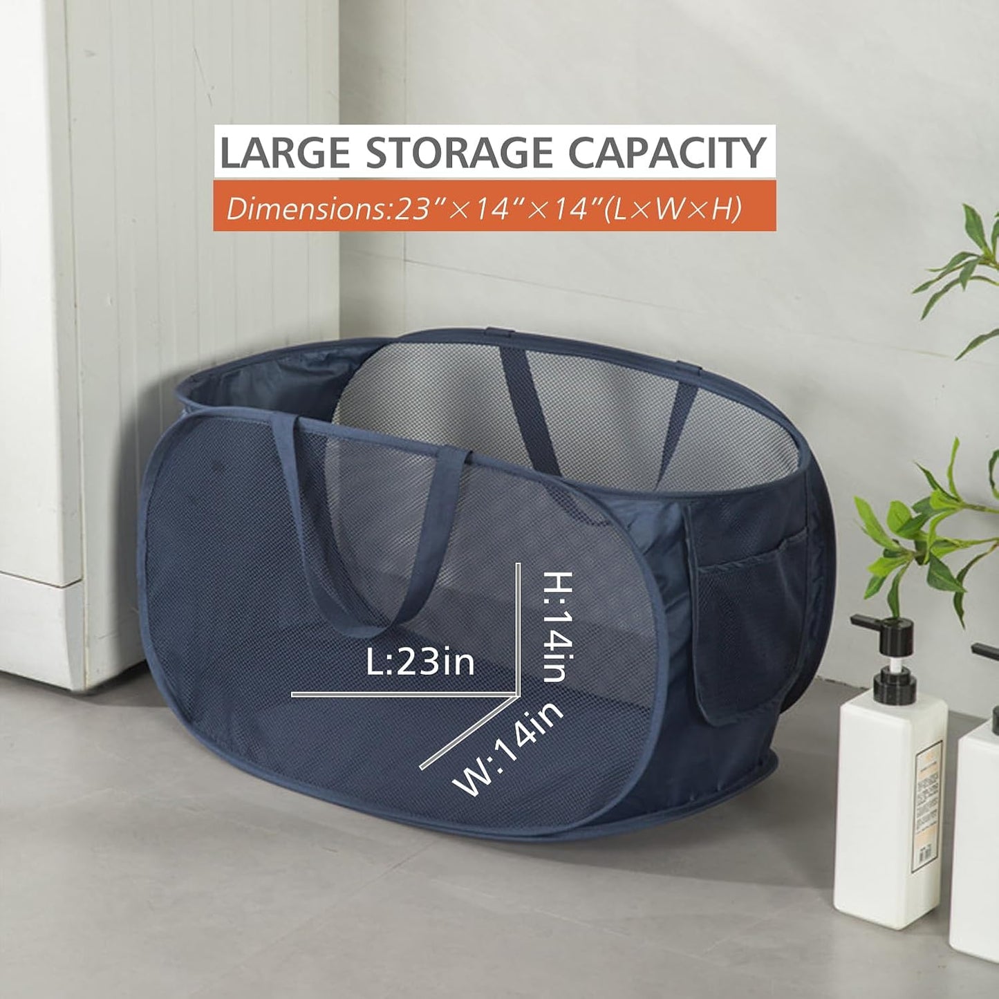 HONOMA Sturdy Mesh Laundry Hamper Basket Bag,Pop up Basket with Side Pocket for Laundry Room, Bathroom, Kids Room, College Dorm or Travel (Pop Horizontal, Black)