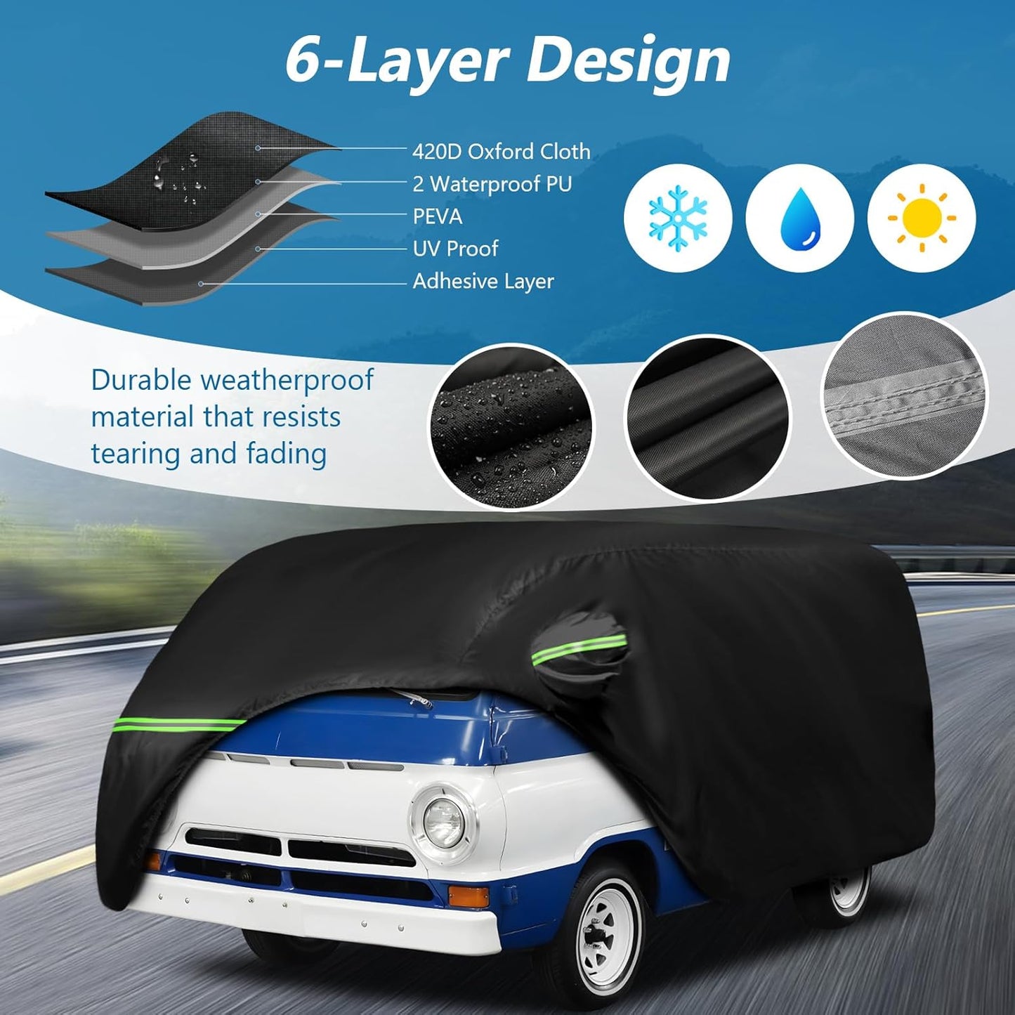 Car Cover for 1964-1970 Dodge A100 for VW Bus T1 T2 T3 1950-1992, 420D Oxford Cloth Sun Heat Protection Outdoor Covers with Driver Side Zipper Windproof Heavy Duty All Weather