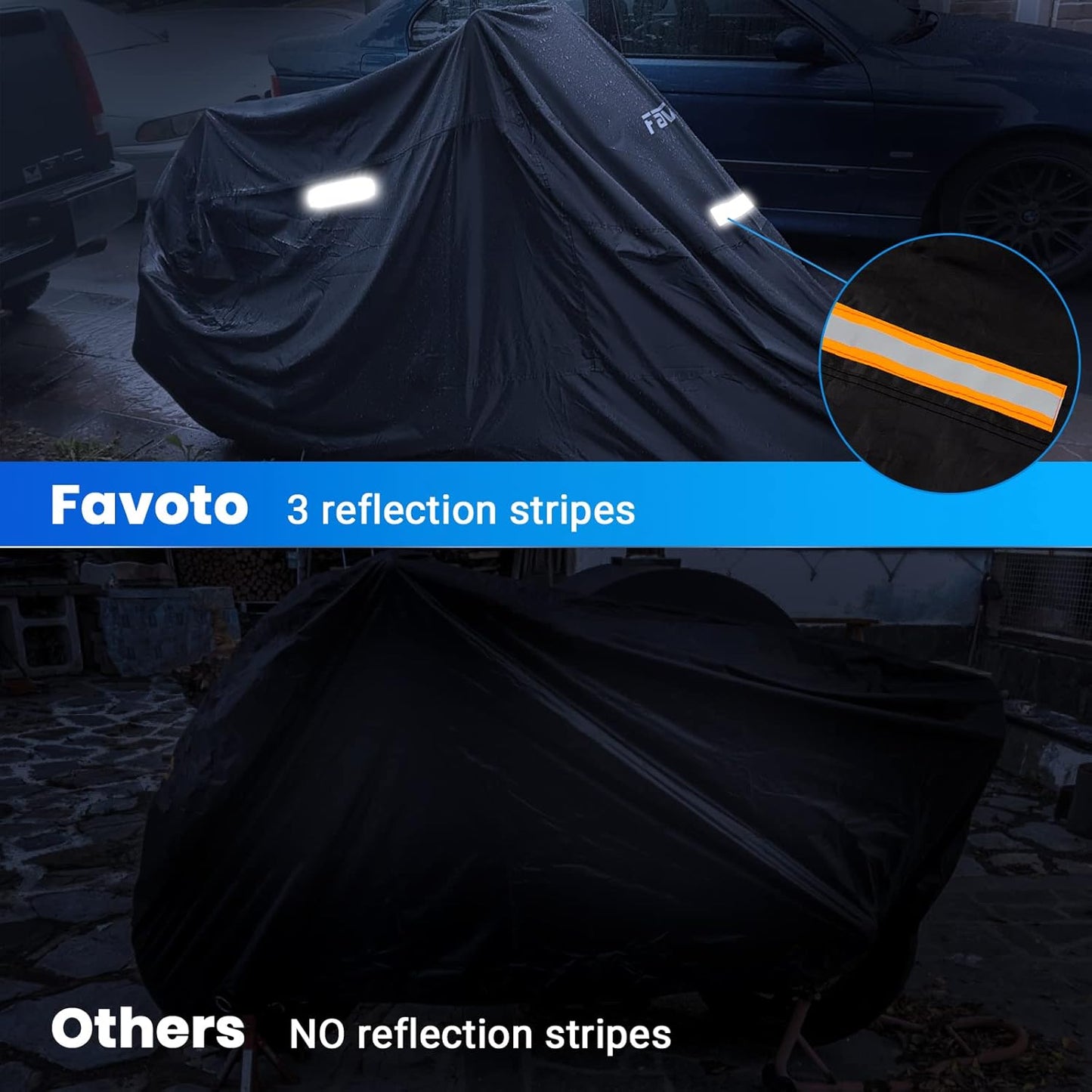Favoto Motorcycle Cover All Season Universal Sturdy Material Waterproof Sun Outdoor Protection with Night Reflective Stripe Lock-Holes & Storage Bag Fits up to 86.6" Motorcycles Vehicle Cover