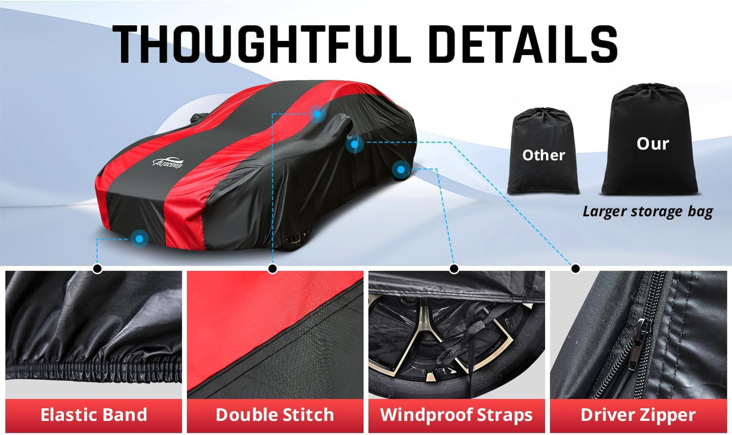 Sedan Car Cover Waterproof All Weather Protection with Red Stripe Design,Outdoor Car Cover Universal Fit Lincoln MKZ, Chrysler 300, Tesla Model S, Cadillac CTS CT5, Dodge Challenger Charger