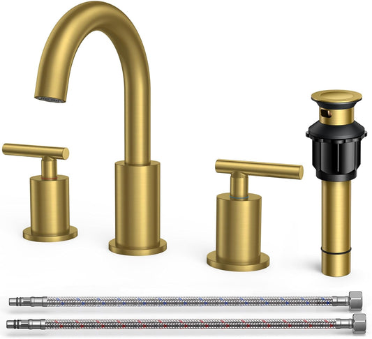 FORIOUS 8 Inch Widespread Brushed Gold Bathroom Faucet 3 Hole, 2 Handle Gold Sink Faucet Bathroom Vanity with 360 Degree Swivel Spout, with Metal Pop Up Drain and cUPC Supply Line, for 6 to 12 In Sink