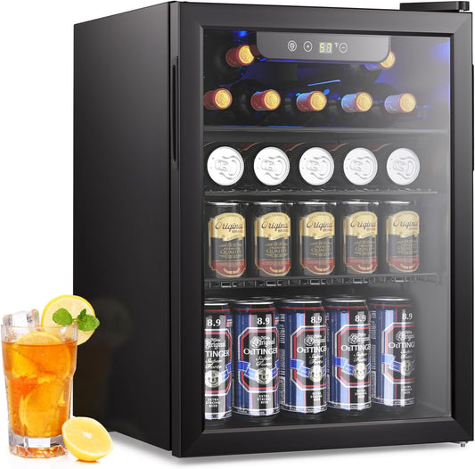 26 Bottle Wine Cooler, 95 Cans Beverage Refrigerator, 2.6 cu.ft Drink Fridge Digital Temperature Control for Beer, Soda,Water, Drink Cooler for Home Office Bar