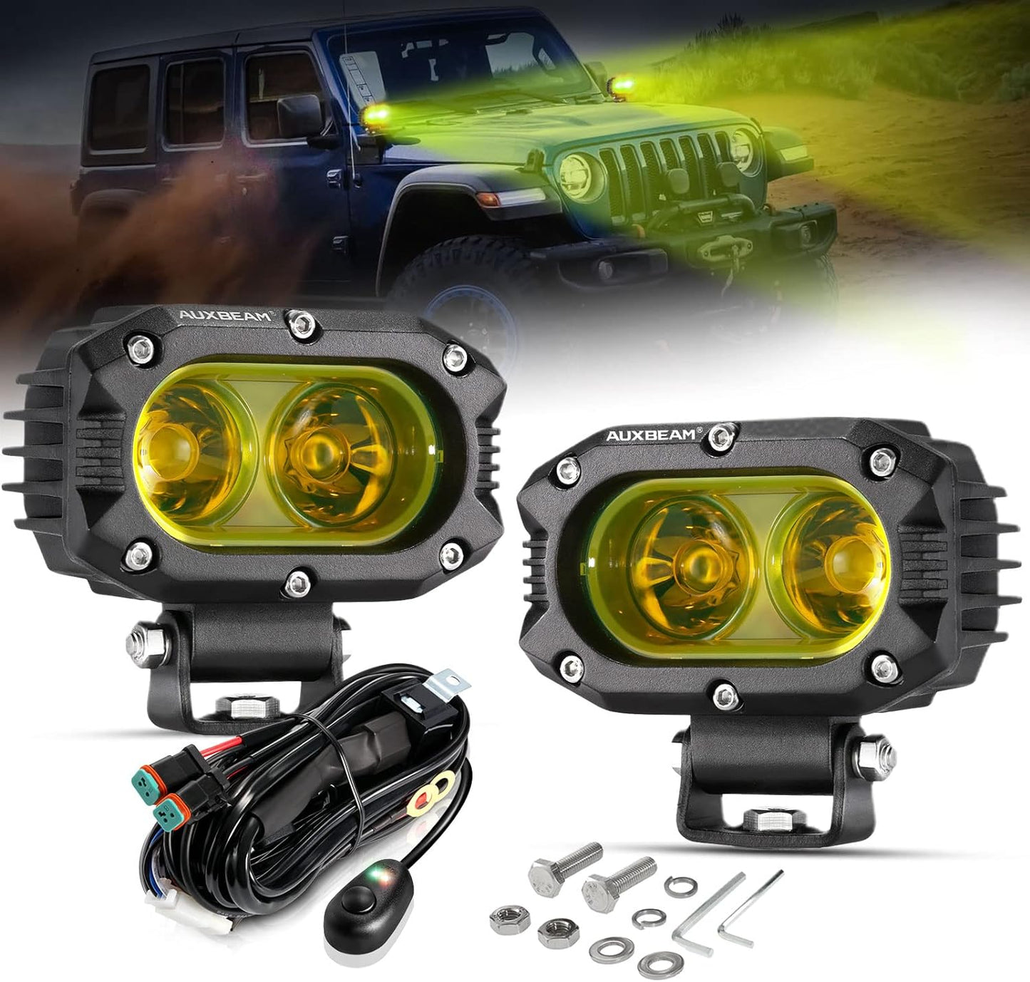 Auxbeam 4 Inch LED Amber Pod Light, 5050 Driving Light 60W Yellow Flood Beam Square Pod Fog Light with DT Wiring Harness for Motorbike SUV ATV Truck Jeep Boat Tractor Forklift (2 Pcs)