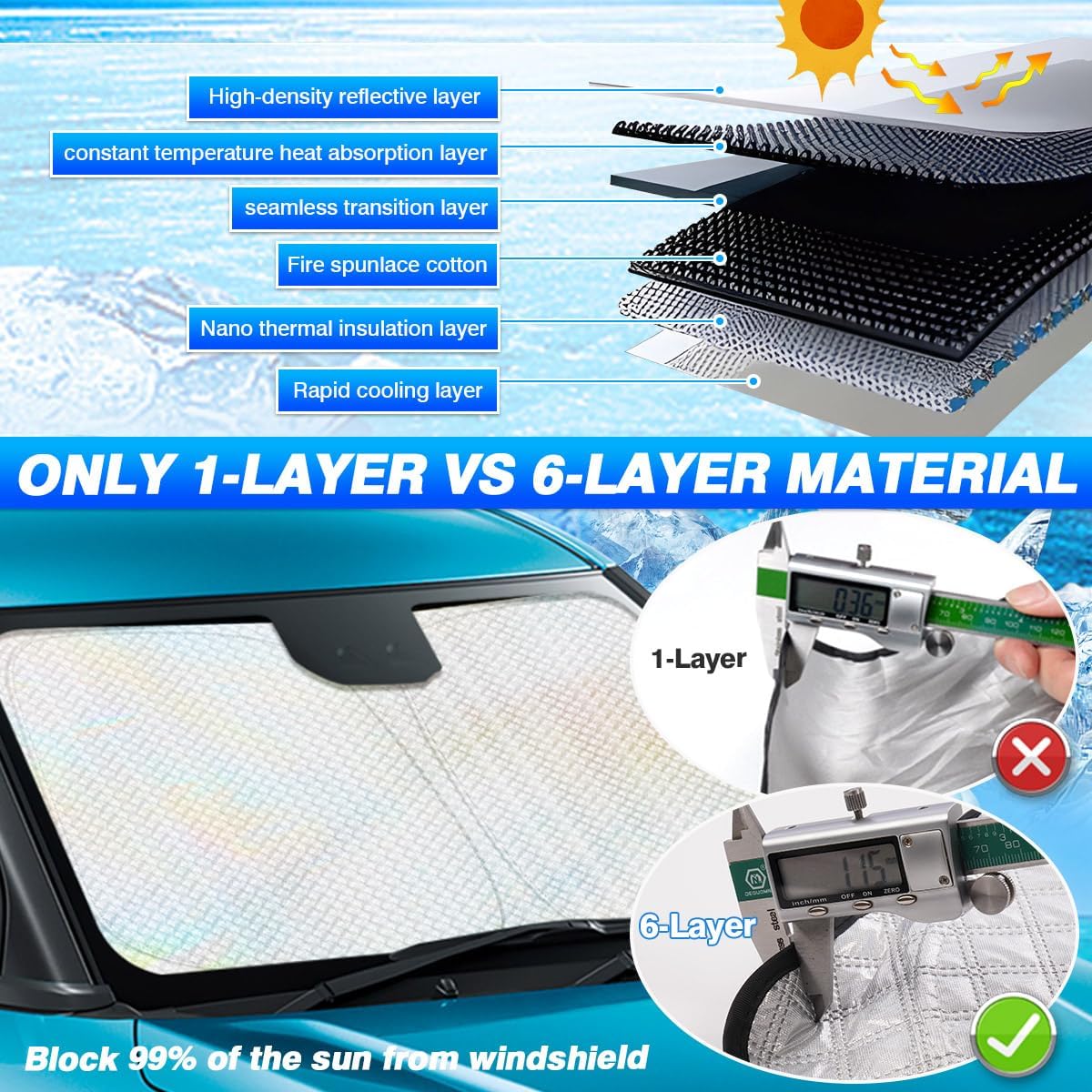 Windshield Sun Shade for 2018-2024 Toyota Camry Accessories Thicken 6-Layer Foldable Front Window Sunshade Cover Sun Visor Protector Block UV Rays Keep Vehicle Cool