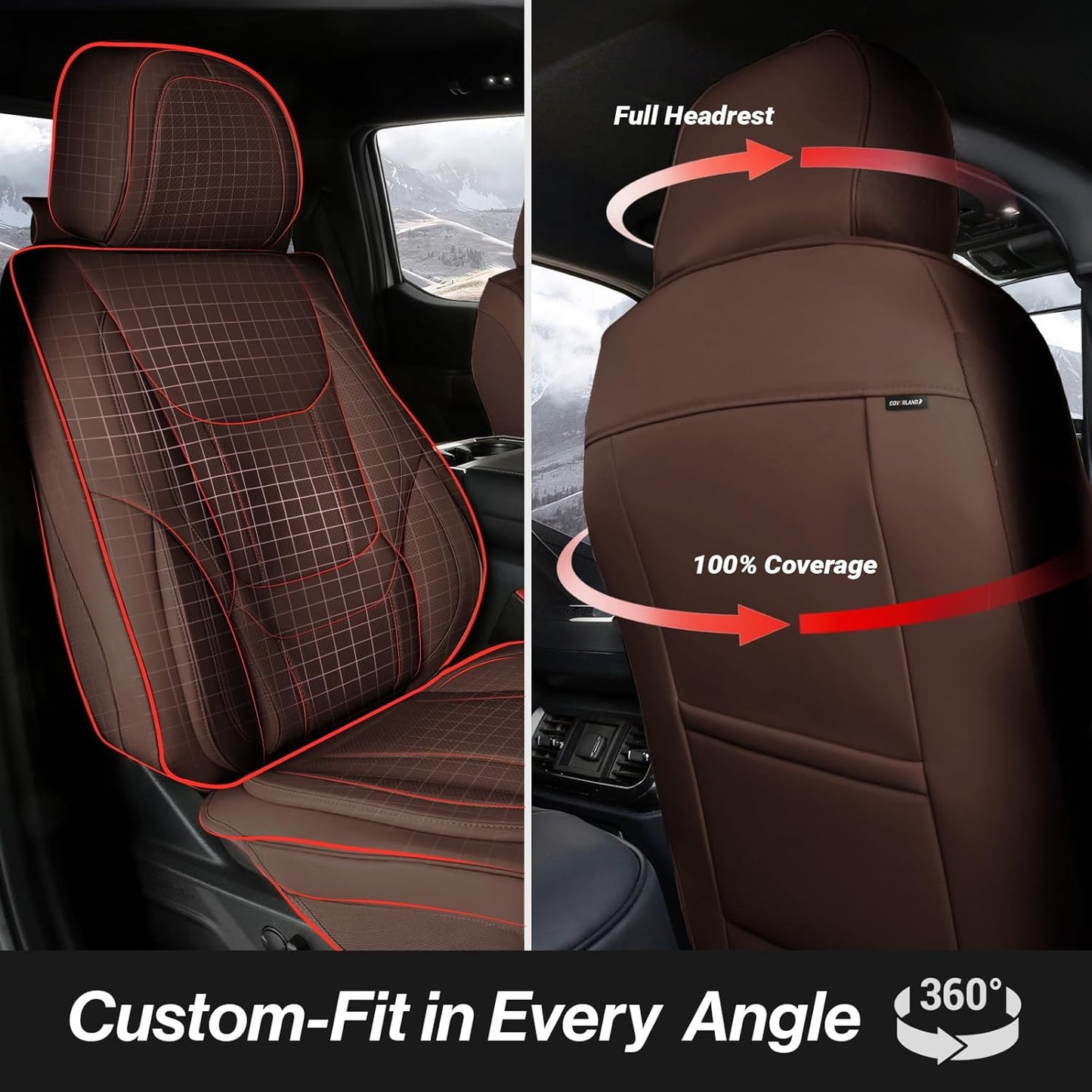 Coverland Custom Car Seat Covers Compatible with Titan, Tundra - Premium Leather Non-Slip Memory Foam Waterproof Cover Custom Fit Interior Protector Front Seat-Dark Brown [See Size Chart-Size A14]