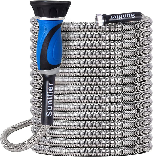 Metal Garden Hose 100 Ft Flexible Stainless Steel Garden Hose 100 Foot Heavy Duty Water Hose With High Pressure Hose Nozzle Sprayer for Garden, Lawn(100 Feet)