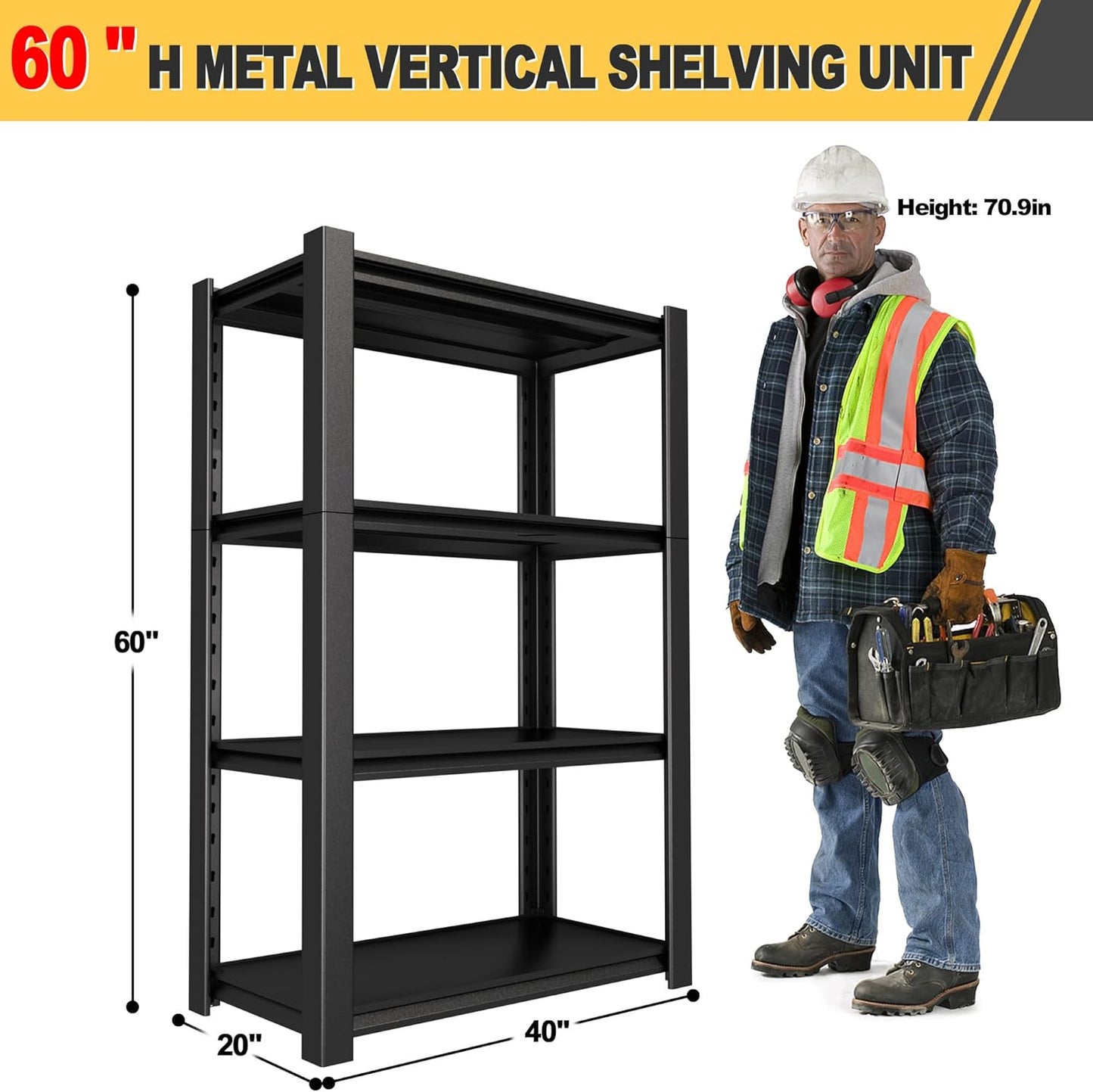 60" H x 40" W x 20" D 4-Tier Heavy Duty Garage Shelving Unit, 2000 LBS Capacity Metal Storage Rack,Adjustable Steel Shelves for Garage, Warehouse, Basement, Pantry, Workshop.4 Pack