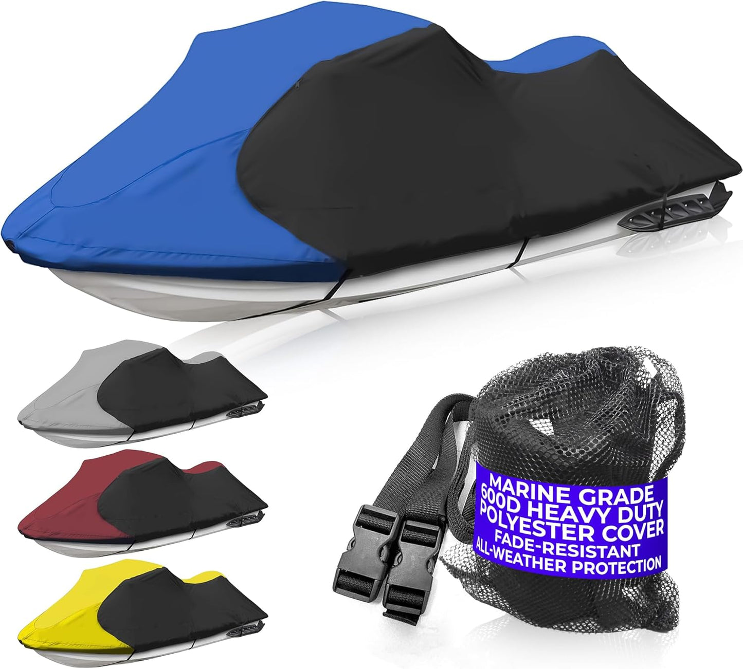 Trailerable Jet Ski Cover, Waterproof Marine Grade 600D Heavy Duty Polyester PWC Cover Blue/Black Color Fits from 103"-115" 1 or 2 Seater