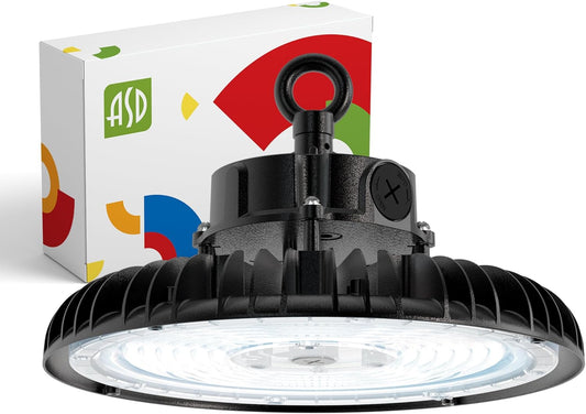 ASD LED High Bay UFO Light Fixture, Commercial Shop Lighting | Dimmable, IP69K Waterproof, DLC Premium, UL Listed | 150W 23000LM 5000K 100-277V | Warehouse, Garage, Workshop, Barn Lamp | Black, 6 Pack