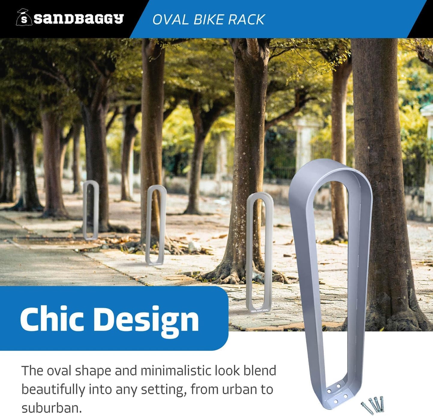 Sandbaggy Modern Commercial Bike Rack | 6.5” x 3” x 35” Oval Design | In-Ground | Anchor Bolts Included (Black, 3)