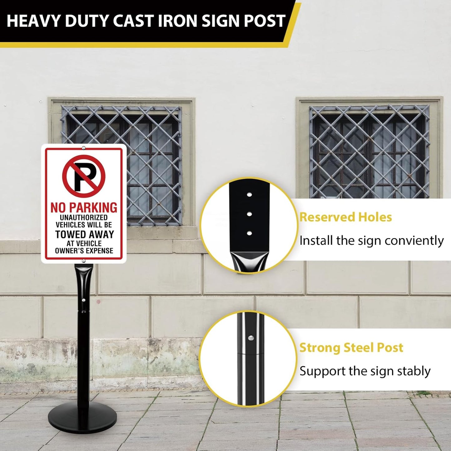 Parking Sign Stand with Base - 15 Lbs Cast Iron Parking Sign Post for Hanging Traffic Construction Street Warning Notice, Movable Black Heavy Duty Base Stand for Outdoor Use, 2 Pack