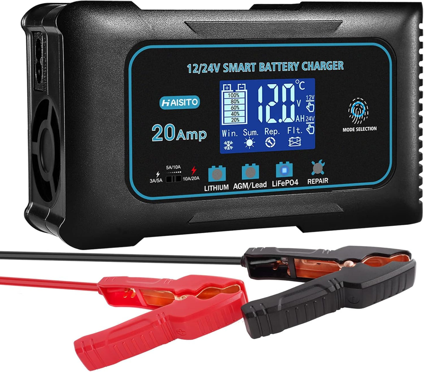 Haisito: 20A 12V/24V Smart Battery Charger –Automatic Maintainer, Trickle Charger & Desulfator with Overcharge Protection & Temperature Compensation – for Lead-Acid,LiFePO4 & Lithium Batteries