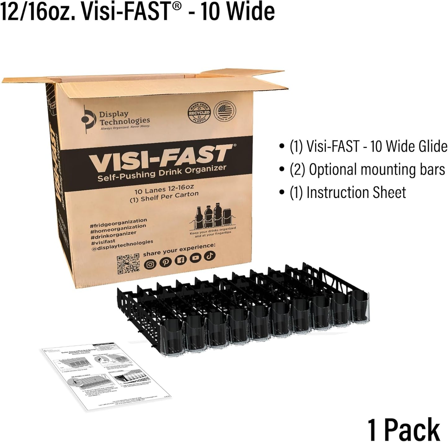 Visi-FAST Spring Push Drink Dispenser, Refrigerator Organizers and Storage for 12/16 oz Beverages, Bottles, and Cans, Drink Dispenser for Fridge, Commercial and Home, (Pack of 1)