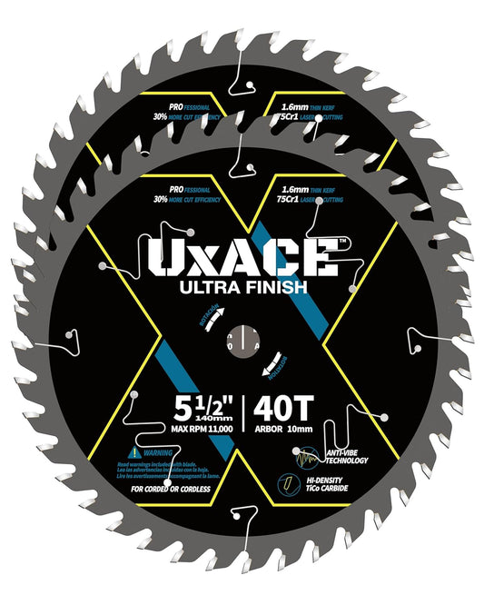 5-1/2-Inch 40-Tooth Circular Saw Blade with 10 mm Arbor, Ultra Finish Wood Cutting, Carbide Tip, Thin Kerf, for Plywood, MDF, OSB, Laminated, 2 Pack