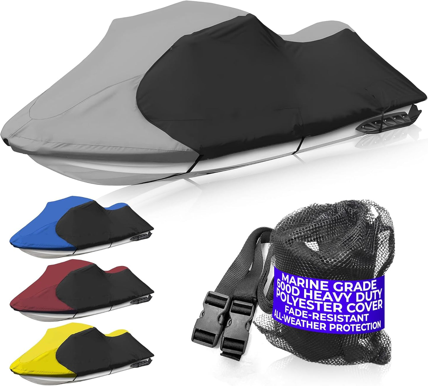 Trailerable Jet Ski Cover, Waterproof Marine Grade 600D Heavy Duty Polyester PWC Cover Gray/Black Color Fits from 103"-115" 1 or 2 Seater