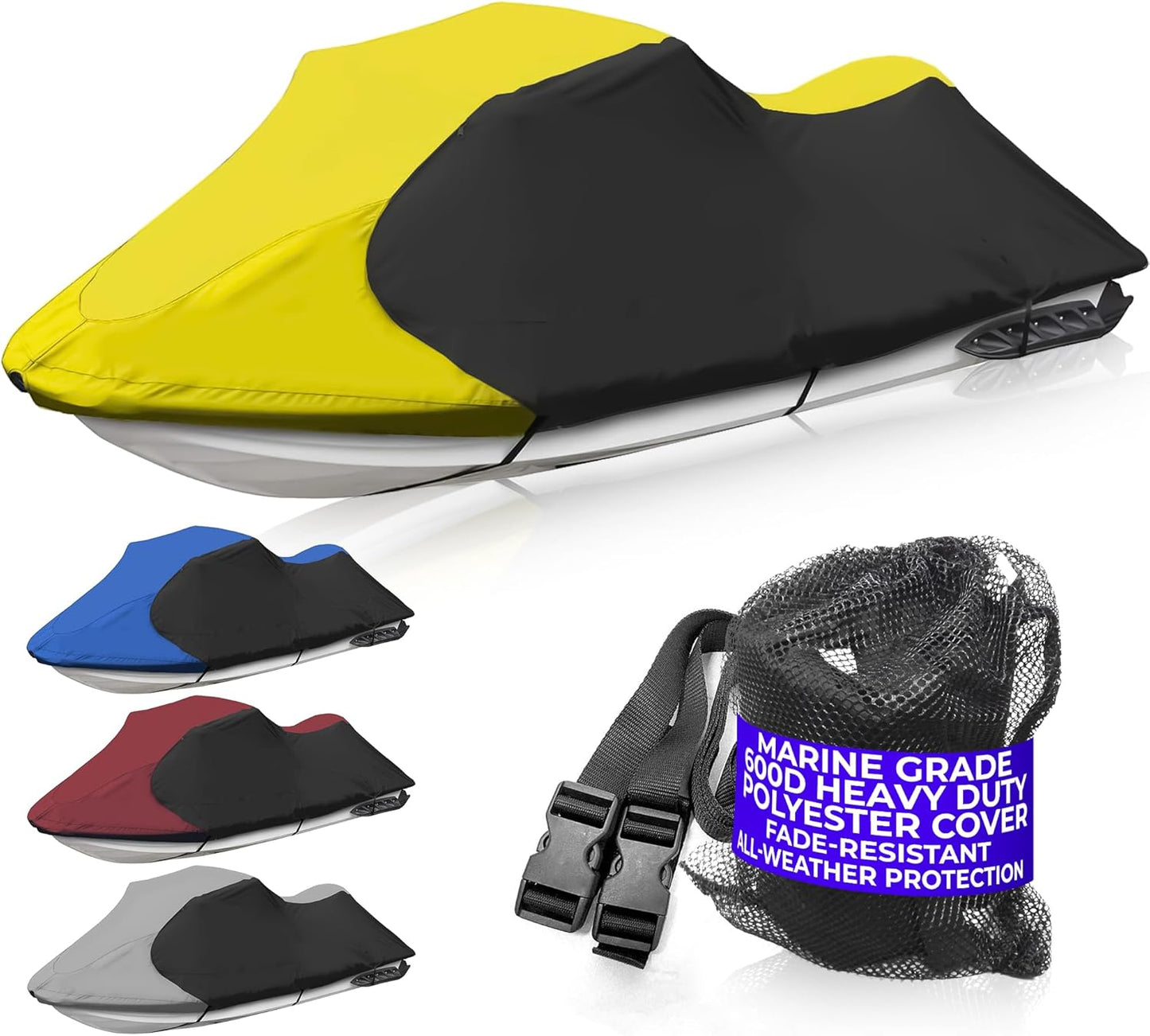 Trailerable Jet Ski Cover, Waterproof Marine Grade 600D Heavy Duty Polyester PWC Cover Yellow/Black Fits from 126" to 135" 3 Seater