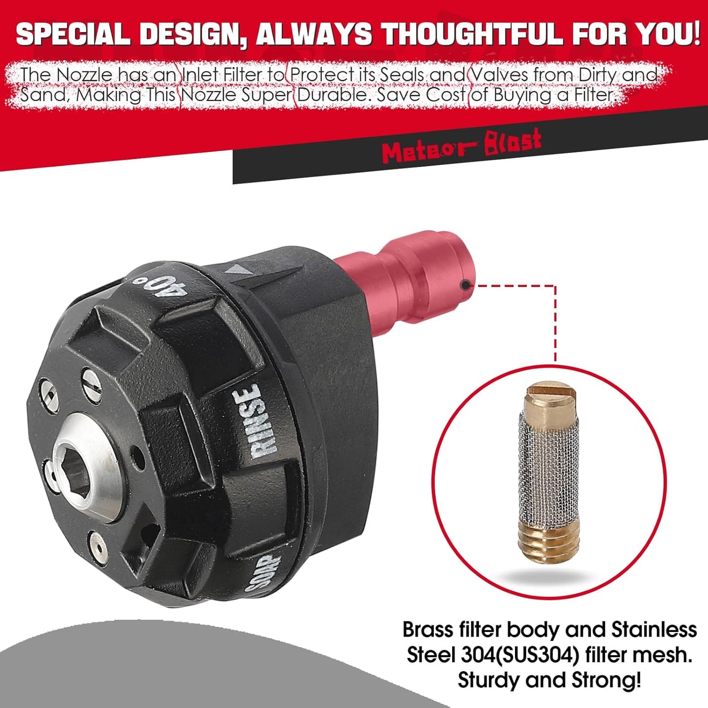 Meteor Blast Pressure Washer Nozzle, 6-in-1 Quick Change over and Adjustable, Power Washer Tips Replacement with 1/4 inch Quick Connector, MAX 4500PSI for Pressure Washer