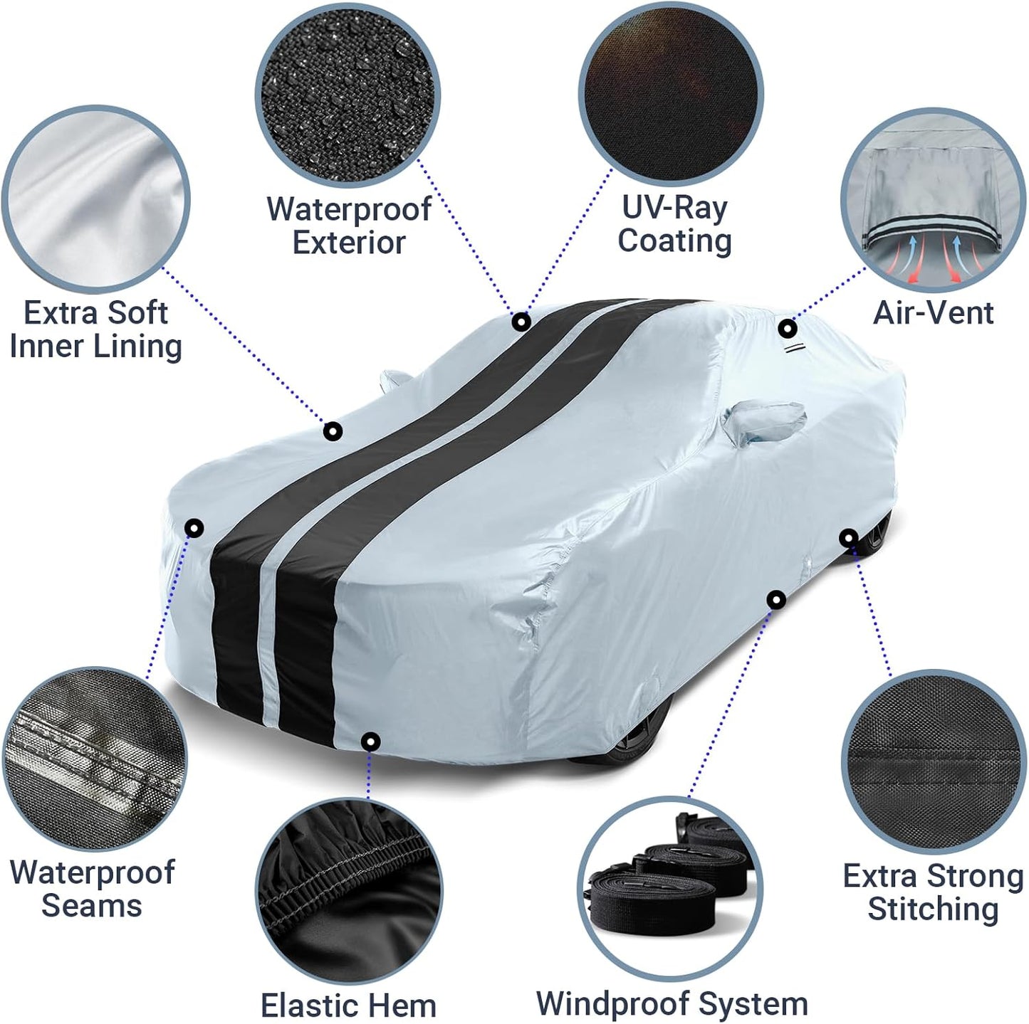iCarCover Custom Car Cover for Pontiac Sunfire Sedan, Convertible (1995-2002) Waterproof All-Weather Rain Snow UV Sun Protector Full Exterior Indoor Outdoor Car Cover (Stripe - Gray/Black)