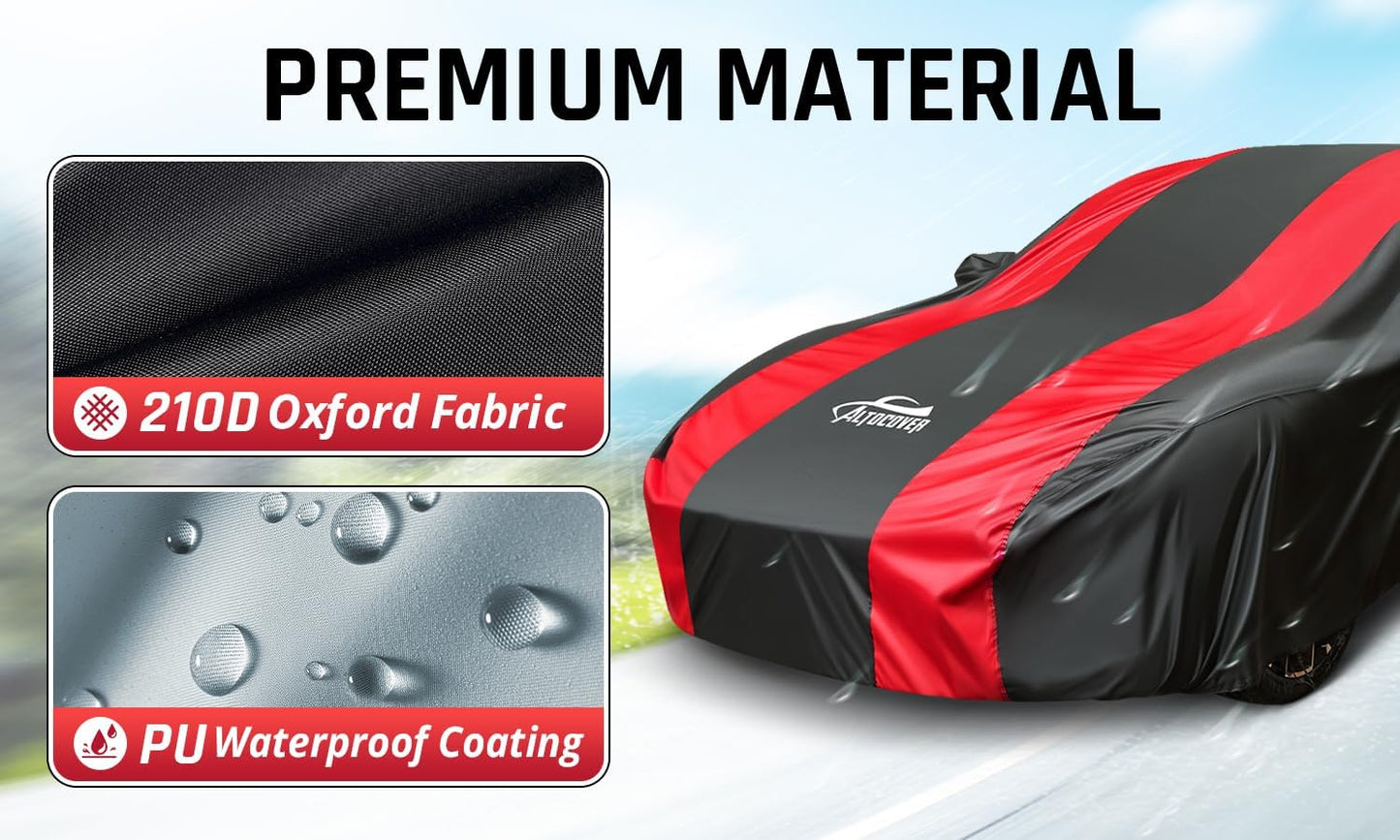 Sedan Car Cover Waterproof All Weather Protection with Red Stripe Design,Outdoor Car Cover Universal Fit Lincoln MKZ, Chrysler 300, Tesla Model S, Cadillac CTS CT5, Dodge Challenger Charger