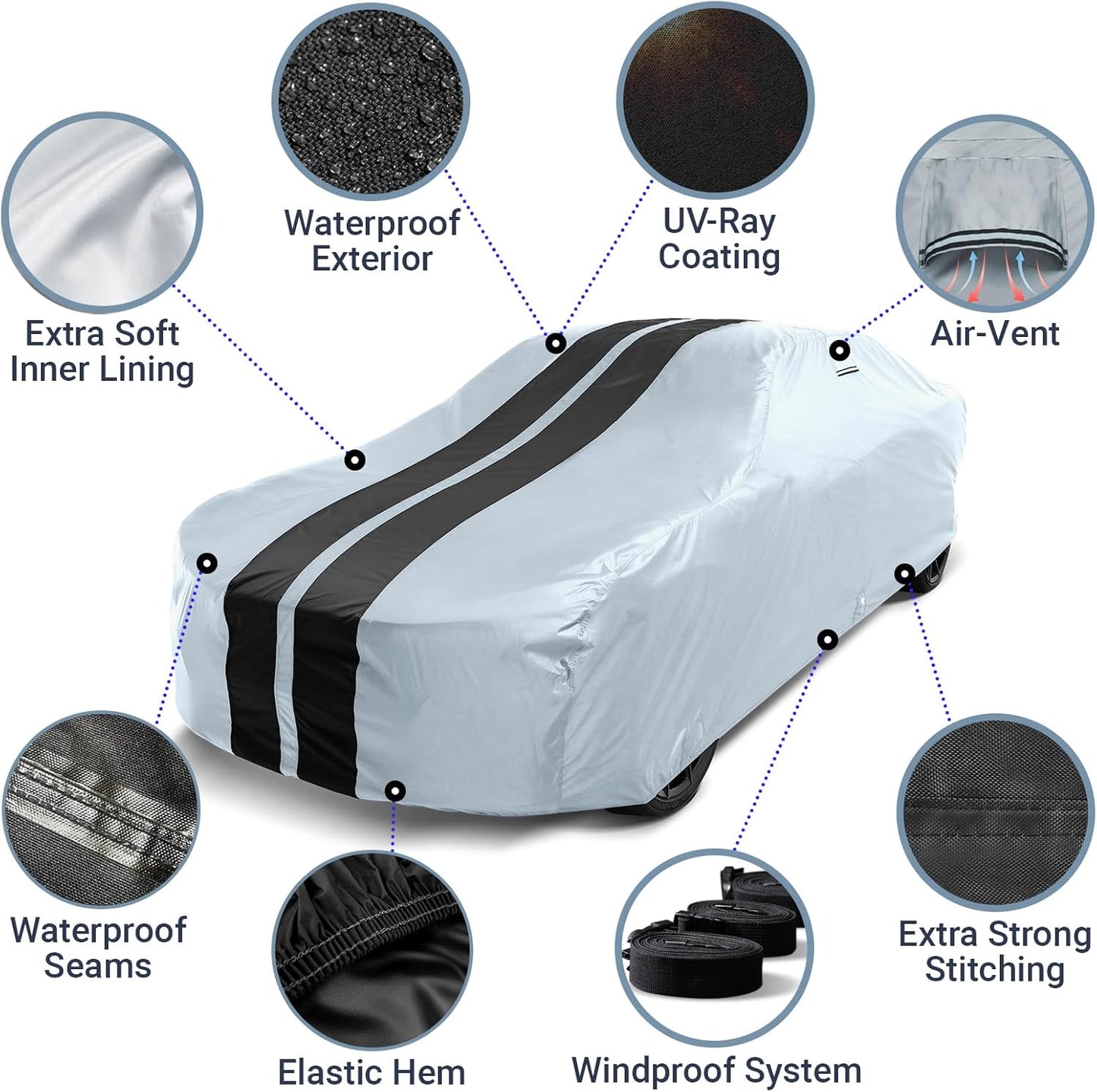 iCarCover Custom Car Cover for Chevy Chevelle Wagon (1973-1977) Waterproof All Weather Rain Snow UV Sun Protector Full Exterior Indoor Outdoor Car Cover (Stripe - Gray/Black)