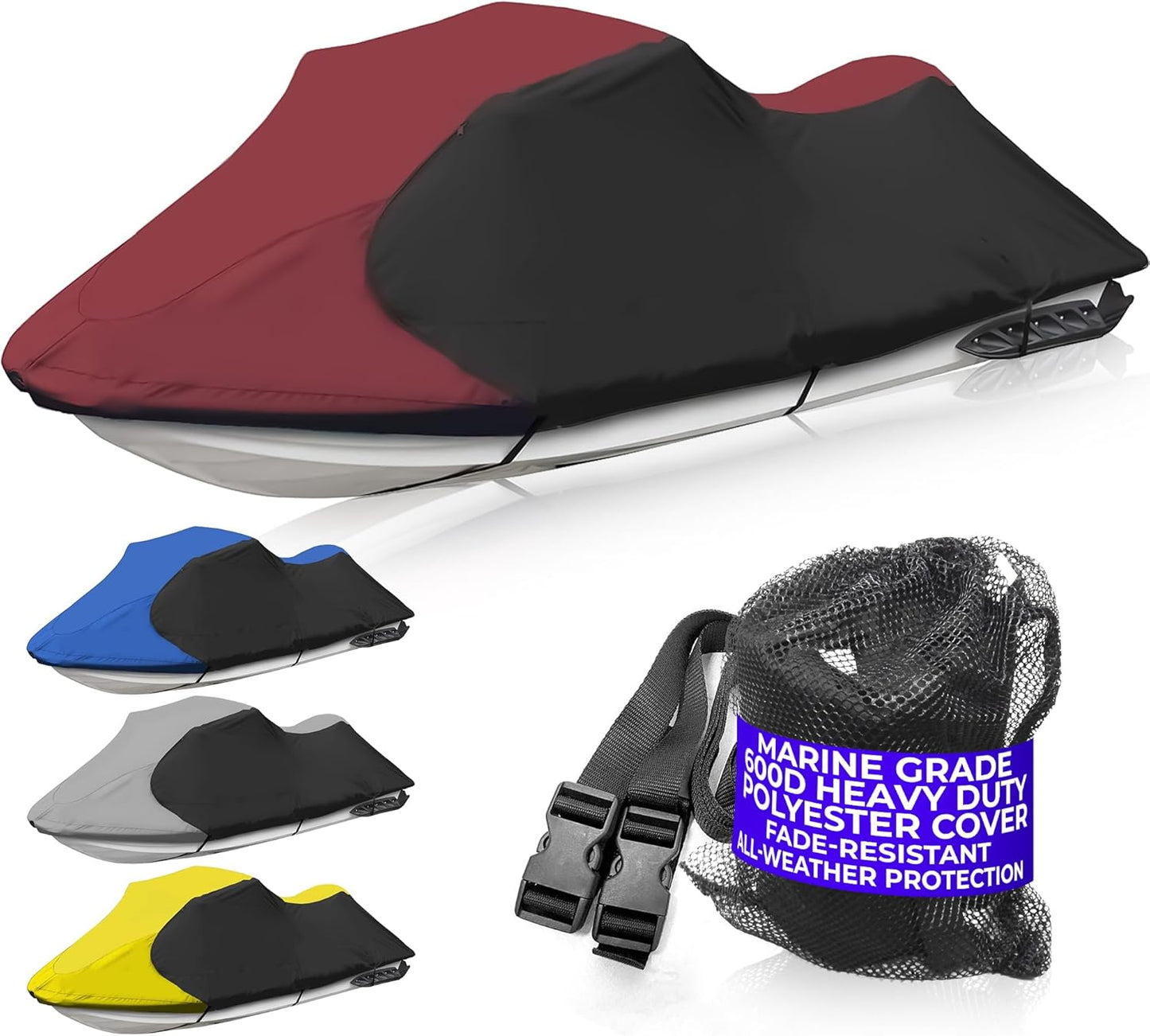 Trailerable Stand-up Jet Ski Cover, Waterproof Marine Grade 600D Heavy Duty Polyester PWC Cover Burgundy/Black Color