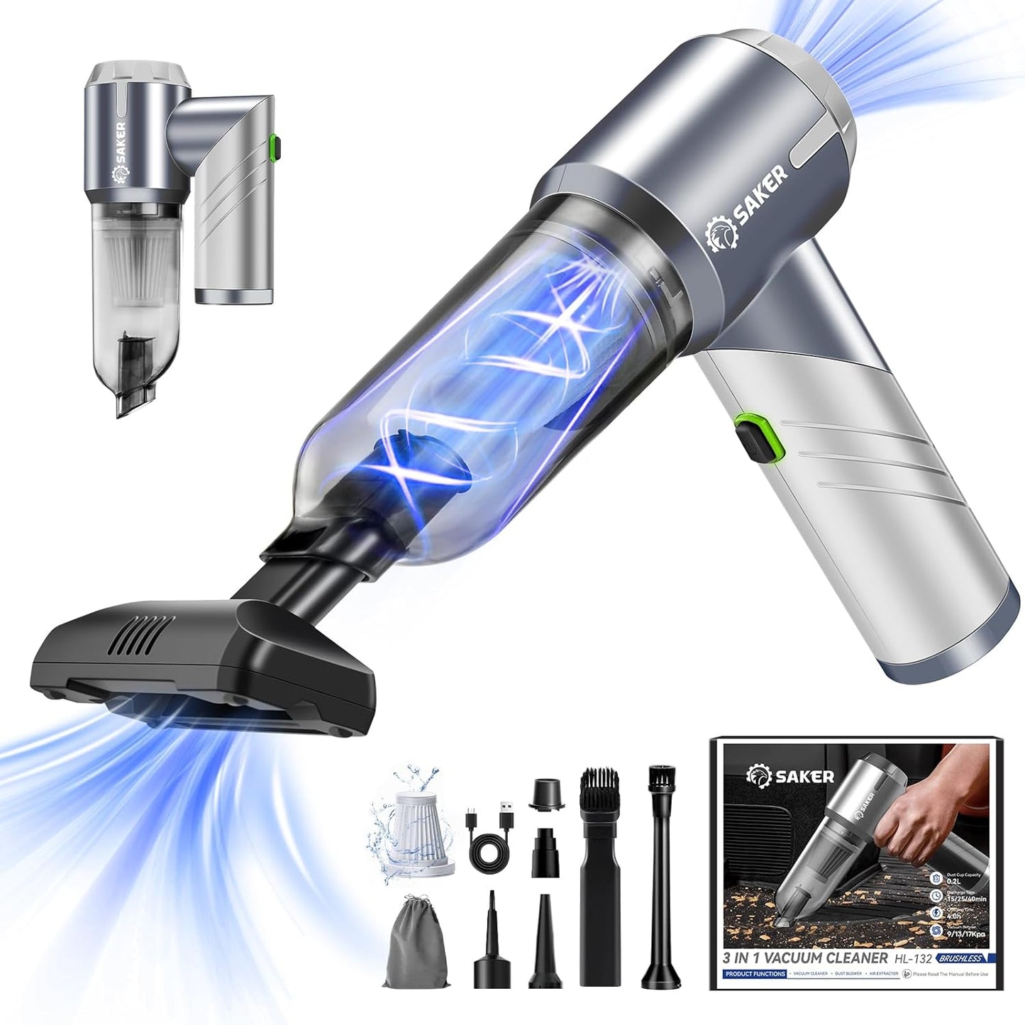 Saker Car Vacuum Cleaner 17000PA Foldable 3 in 1 Mini Handheld Car Vacuum Portable Cordless with Brushless Motor for Hair,Cars,Bedrooms,Offices Cleaning HL132 Silver