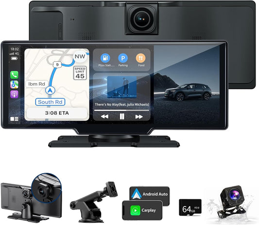 Wireless Carplay Screen for Car - 10.26 Inch Car Stereo Wireless Car Play & Android Auto Touch Screen, with 4K Dash Cam, Backup Camera, GPS Navigation, Voice Control,Bluetooth,Mirror Link,FM
