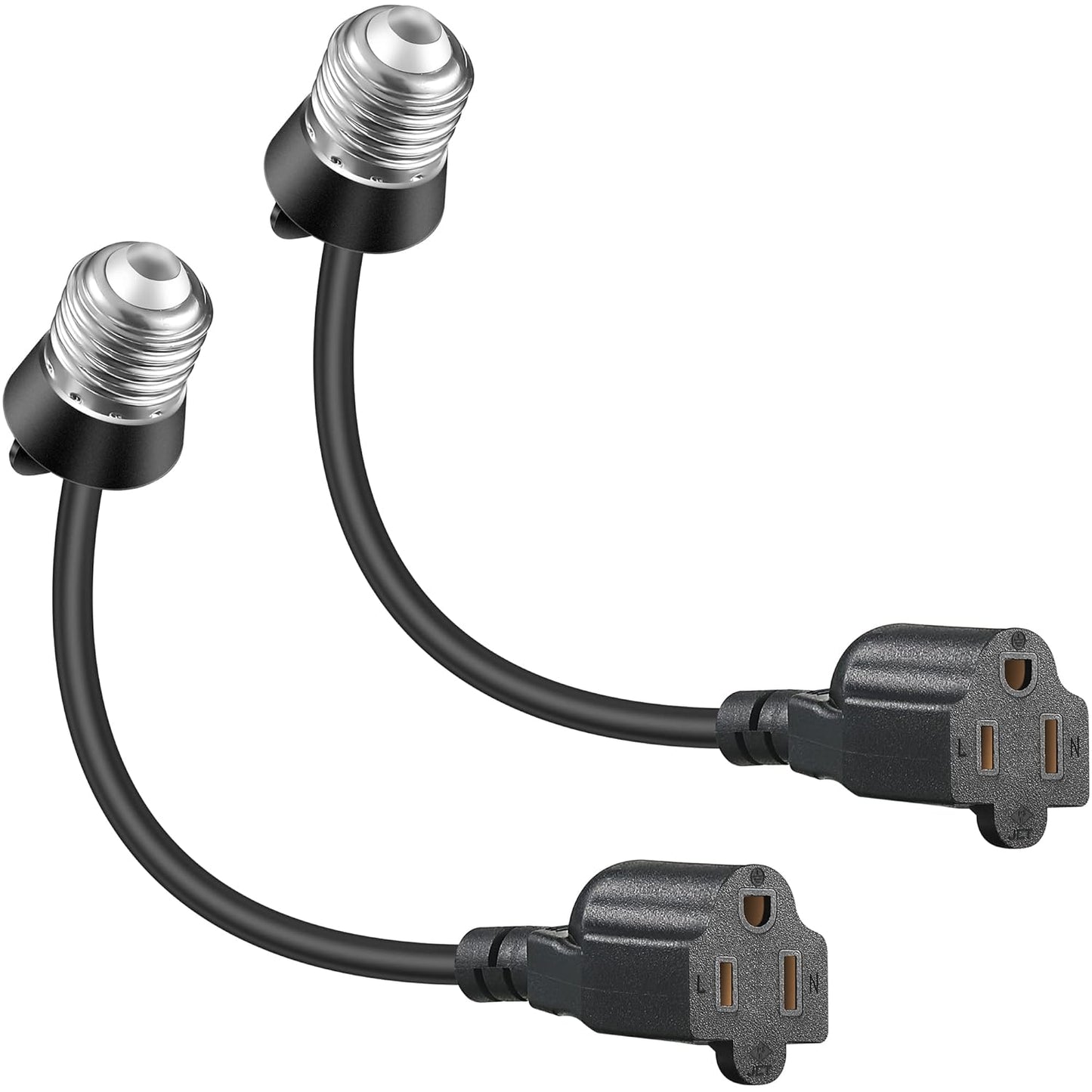Feekoon 2 Pack 3 Outlet Light Socket Adapter, Convert E26/E27 Bulb Socket to 3 Prong Outlet with Extension Cord, Light Bulb Plug Adapter Converter Suitable for Outdoor Porch Garage Patio Use (Black)
