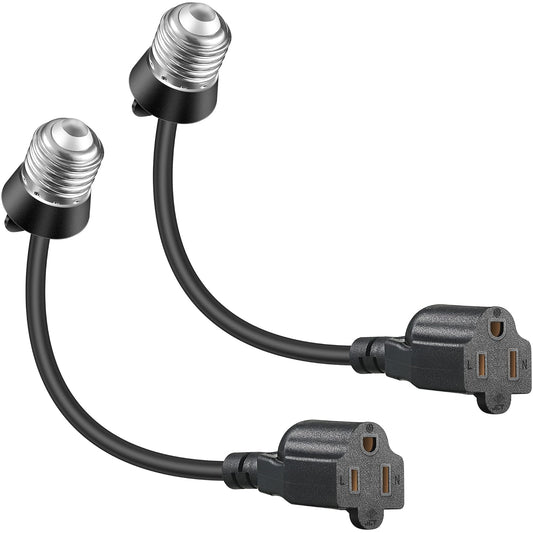 Feekoon 2 Pack 3 Outlet Light Socket Adapter, Convert E26/E27 Bulb Socket to 3 Prong Outlet with Extension Cord, Light Bulb Plug Adapter Converter Suitable for Outdoor Porch Garage Patio Use (Black)