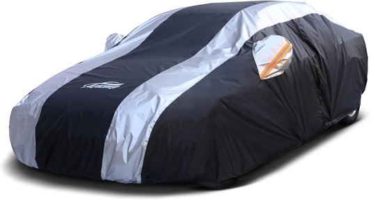 Full Exterior Covers with Silver Stripe Design,Sedan Car Cover for Waterproof Universal Fit Toyota Corolla Prius, Ford Focus Sedan, Hyundai Elantra, Kia Forte, Nissan Sentra, VW Jetta