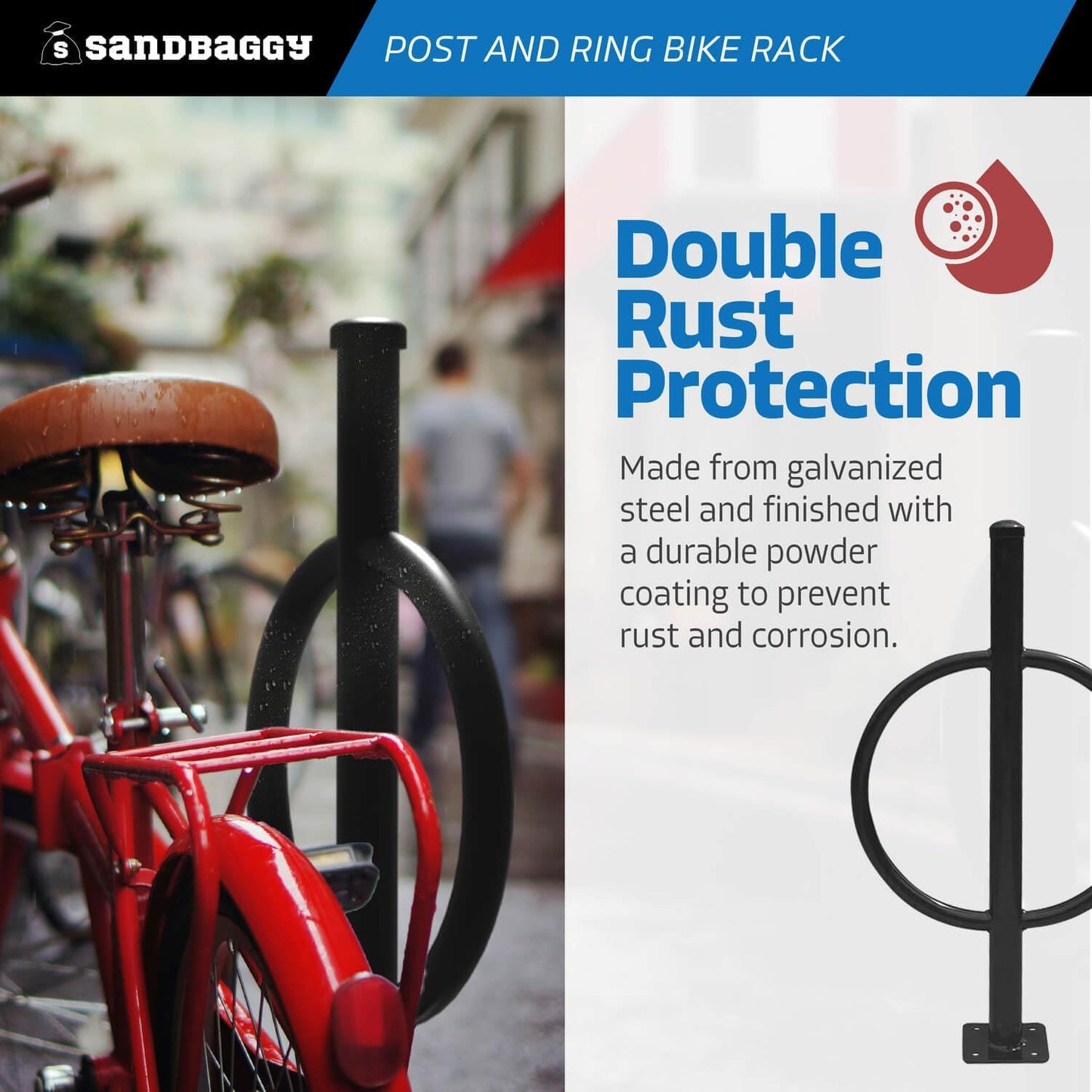 Sandbaggy Post and Ring Bike Rack - Commercial Bike Racks - Galvanized Steel - Anti-Theft Design - In Ground, Apartments, Sidewalks, Industrial (Blue, 1)