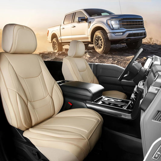 Coverland Custom Car Seat Covers Compatible with F150, Frontier, Sierra, Silverado 2500HD - Premium Leather Non-Slip Waterproof Interior Protector Front Seat-Beige [See Size Chart-Size A12]
