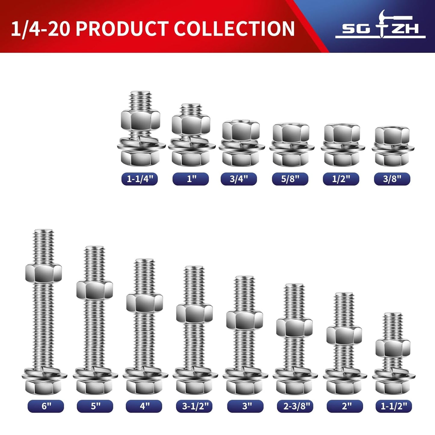 1/4-20 x 5" Hex Head Screw Bolt, Nuts, Flat & Lock Washers, 20Pcs 18-8 (304) Stainless Steel, Fully Threaded, by SG TZH