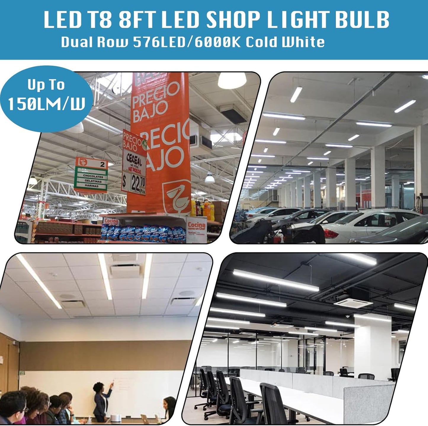 4-Pack, 8 Foot LED Bulbs, 100W 15000lm 6000K Cold White, Super Bright, T8 T10 T12 LED Tube Lights, FA8 Single Pin LED Lights, Clear Cover, 8 Foot LED Bulbs to Replace Fluorescent Light Bulbs