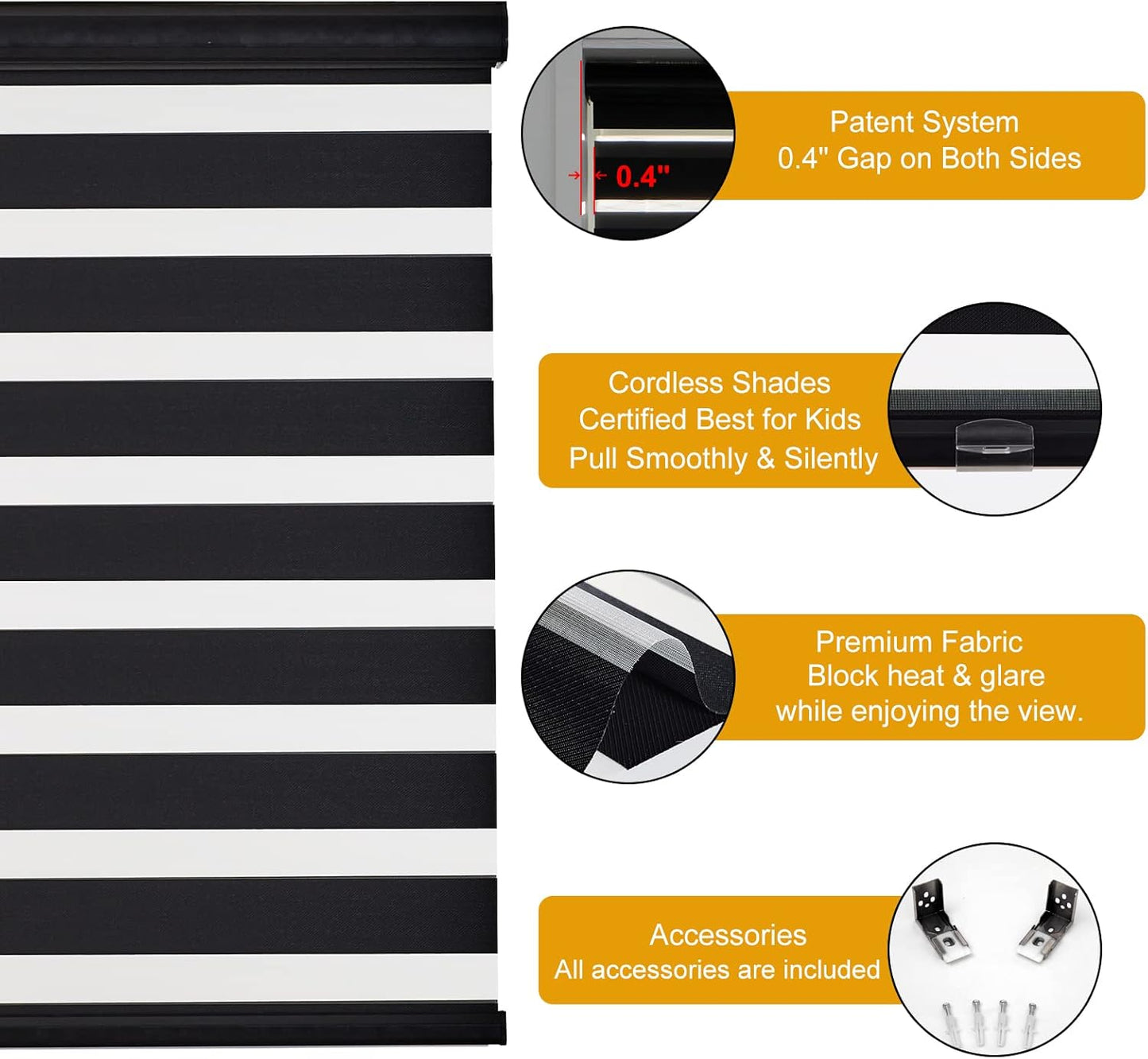 Persilux Cordless Zebra Blinds for Windows Free-Stop Roller Windows Shades (34" W X 72" H, Black) Dual Layer Light Control for Day and Night, Light Filtering Sheer Shades for Home, Easy to Install