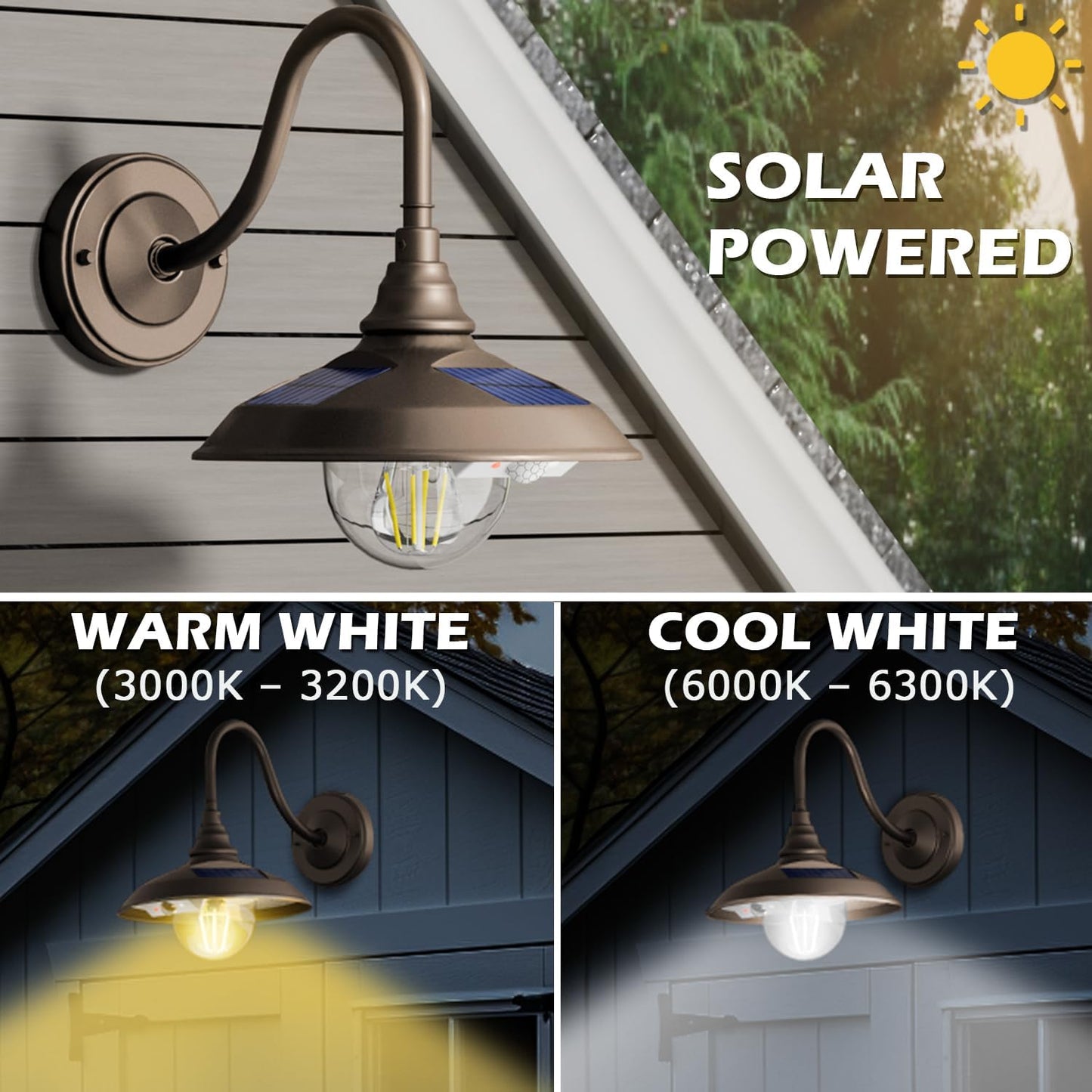 SIEDiNLAR Solar Barn Light Outdoor 3 Modes 2 Lighting, Aluminum Vintage Farmhouse Gooseneck Wall Light Waterproof with Remote & Motion Sensor for Barn Garage Shed Chicken Coop Dark Bronze (2 Pack)