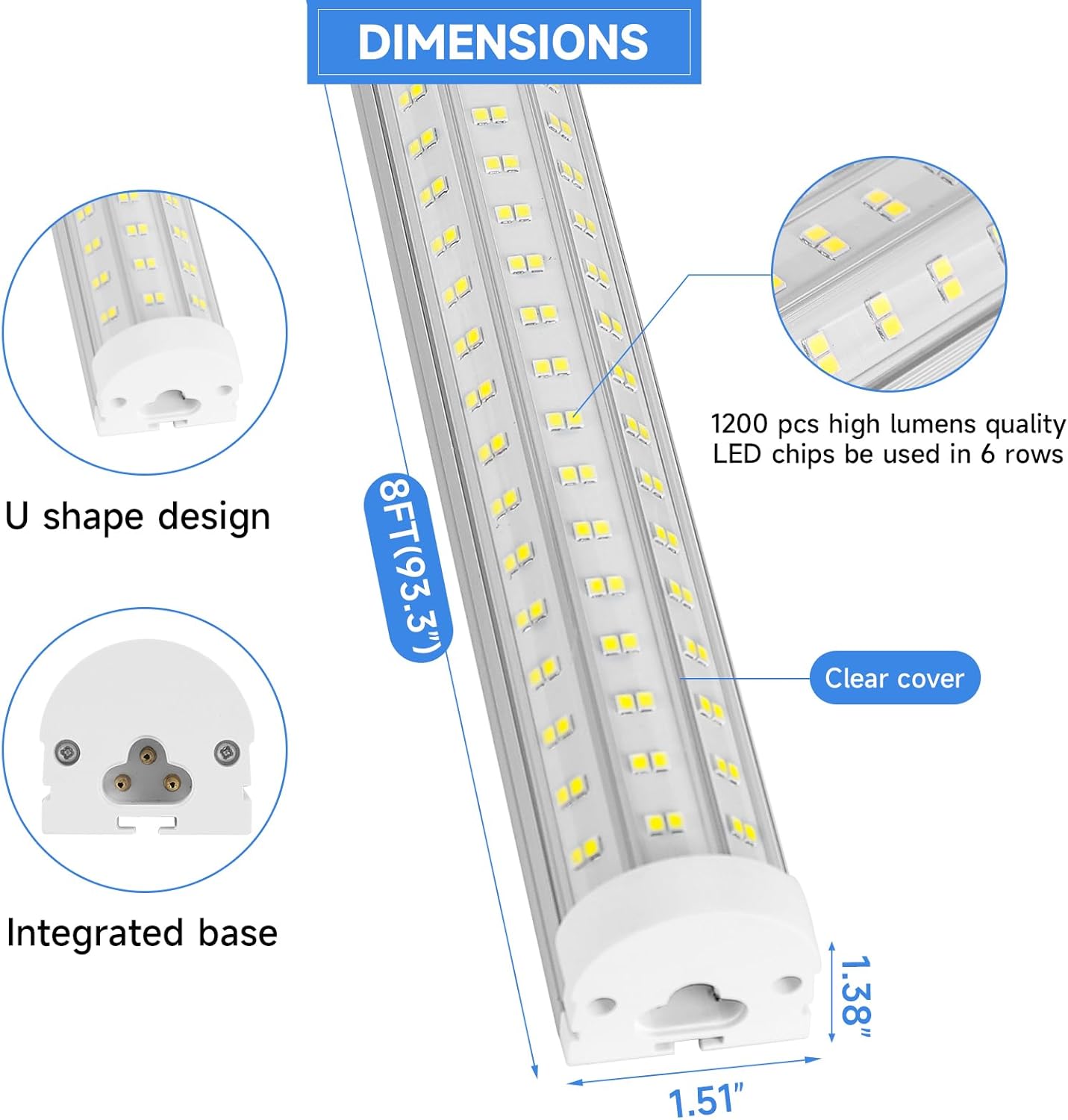 8FT U Shape 125W Integrated Tube Bright LED Light, 6500K Clear White, 20000LM - Flush Mount/Hanging Linkable LED Ceiling Lights for Garage, Plug&Play, 6 Pack