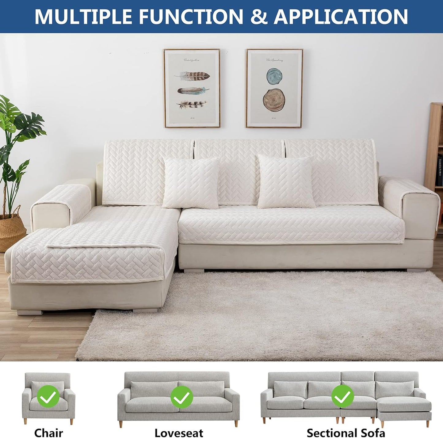 Eismodra Couch Cover,Sectional Couch Covers,Sofa Covers for 3 Cushion Couch,Anti-Slip Sofa Slipcovers for Dogs Cats Kids Loveseat Recliner L Shaped Armrest Backrest,White 36''x82''(Only 1 Piece)