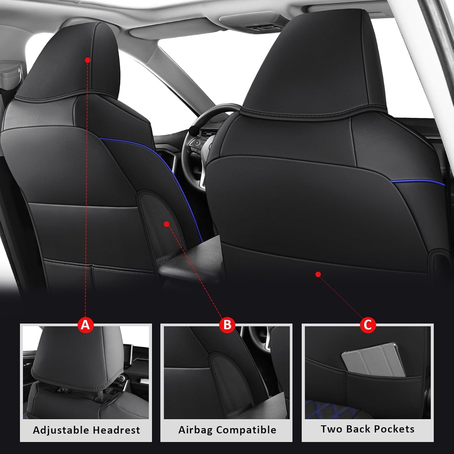 MIROZO Rav4 Seat Covers Full Set,Faux Leather Car Seat Covers Compatible with 2019-2025 Toyota RAV4 Hybrid LE XLE Limited Seat Cover RAV4 Hybrid(Black and Blue,Non XSE&2022-2025 SE Hybrid)