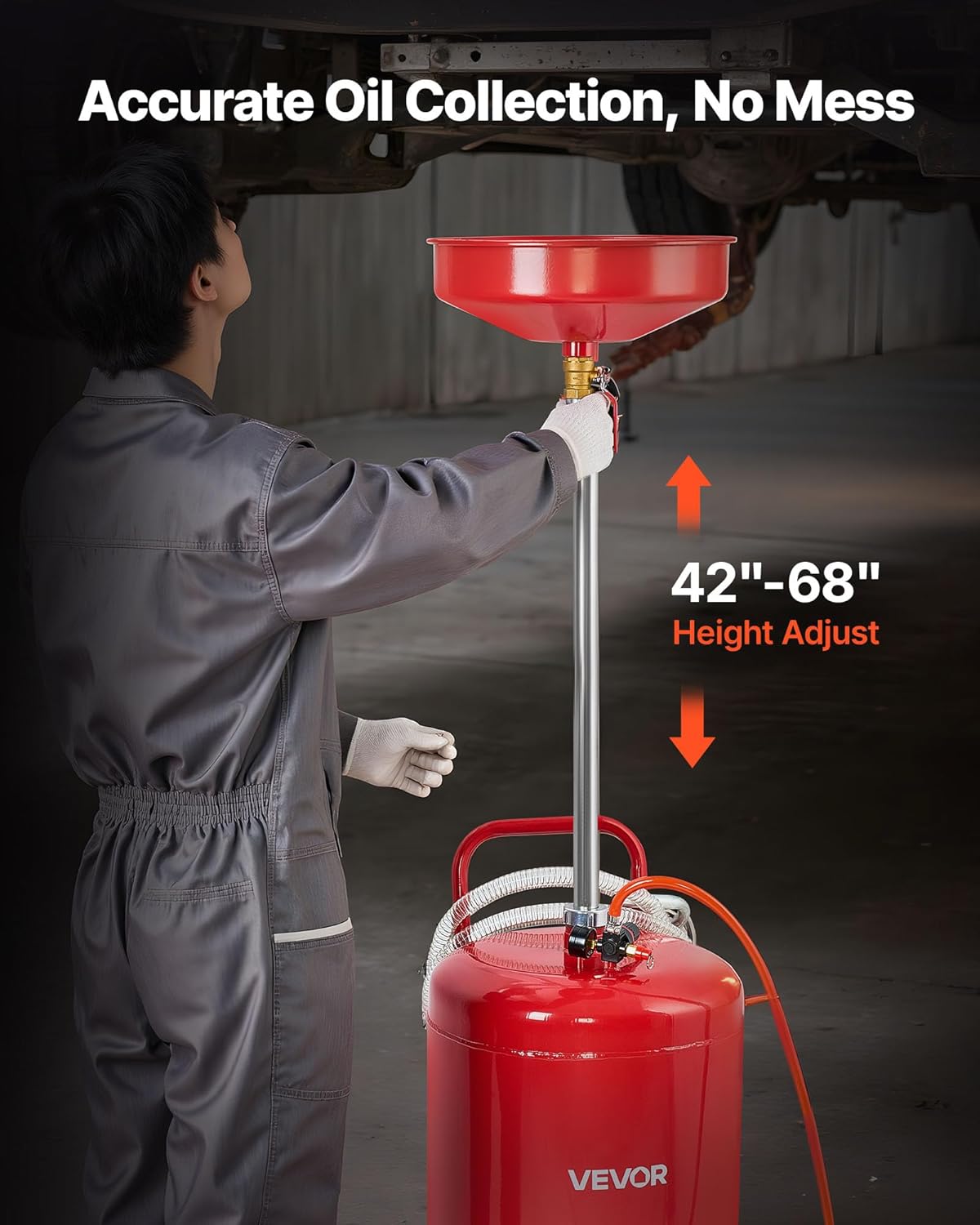 VEVOR 25 Gallon Waste Oil Drain Tank, Air Operated Portable Oil Drainer with Adjustable Funnel Height, Industrial Fluid Drain Tank with Wheels, Fluid Fuel Transfer Drainage for Auto Repair Shops, Red