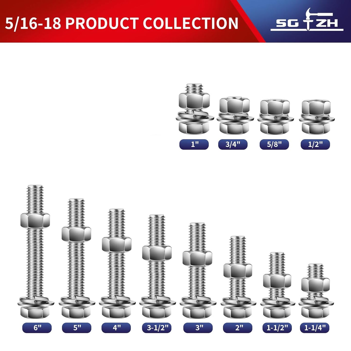 5/16-18 x 5" Hex Head Screw Bolt, Nuts, Flat & Lock Washers, 10Pcs 18-8 (304) Stainless Steel, Fully Threaded, by SG TZH