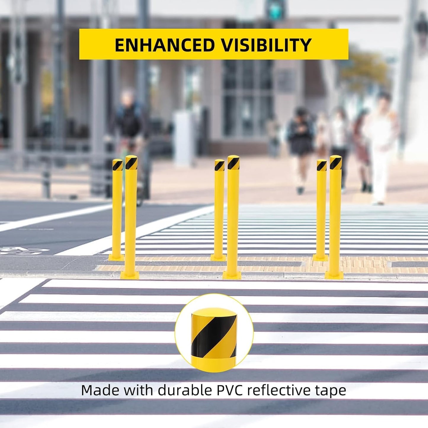 Safety Bollard 4 Packs, 42 Inch Height Steel Post, 4.5 Inch Diameter Parking Bollard, Yellow Safety Bollard Post with 16 Anchor Bolts, Ideal for Ideal for Parking Warehouse Park Traffic Area