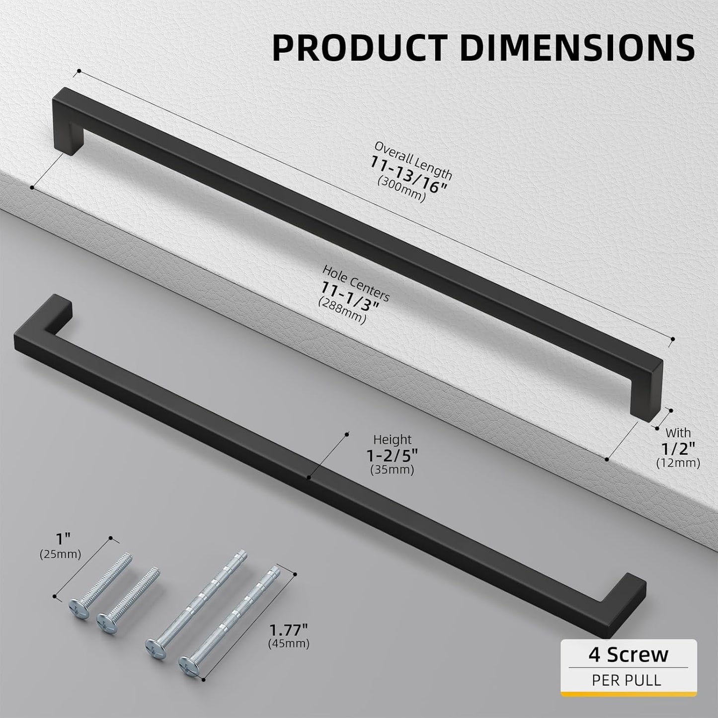 goldenwarm 100 Pack Black Square Bar Cabinet Pull Drawer Handle Stainless Steel Modern Hardware for Kitchen and Bathroom Cabinets Cupboard,Center to Center 11-1/3in(288mm)