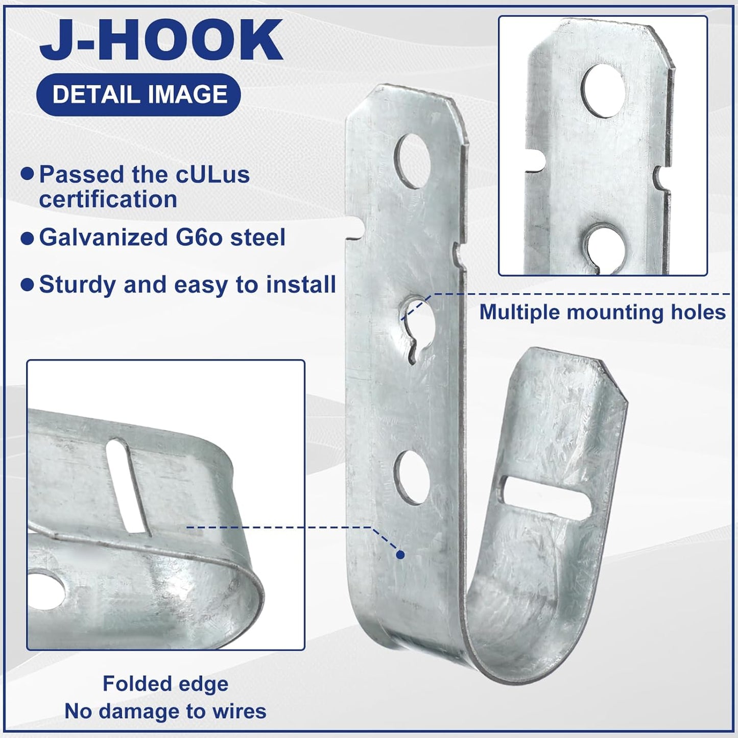 Gisafai 100 Pcs Cable Support J-Hook, 3/4 Inch Metal Garage Hooks for Hanging, Heavy Duty Network for Cable and Wire Management Wall Attaching J Utility, G60 Galvanized Steel, Silver