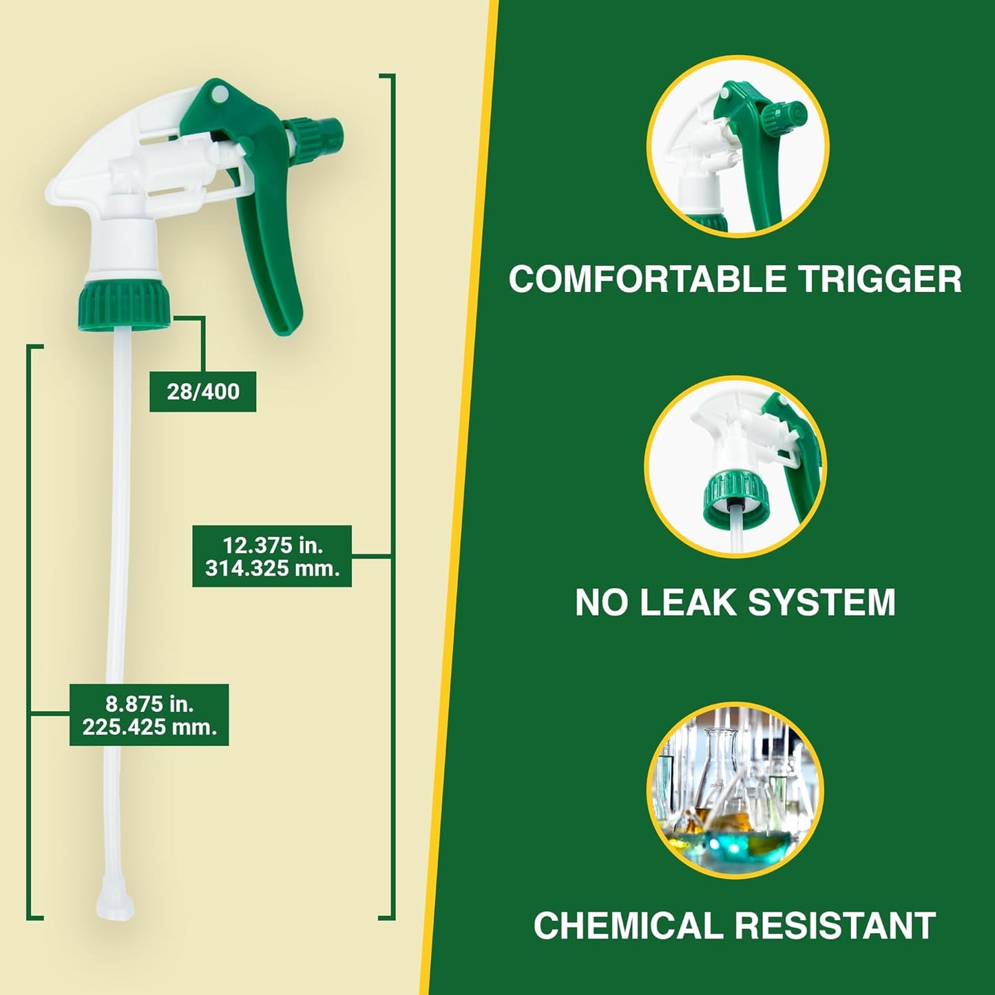Spray Bottle Nozzle Replacement, Bottle Tops Only - Sprayer Nozzle Triggers for Heavy Duty, Commercial, Home Cleaning Solutions - Fits 8,16,24,32 oz Plastic & Glass Bottles, Green 3 pack