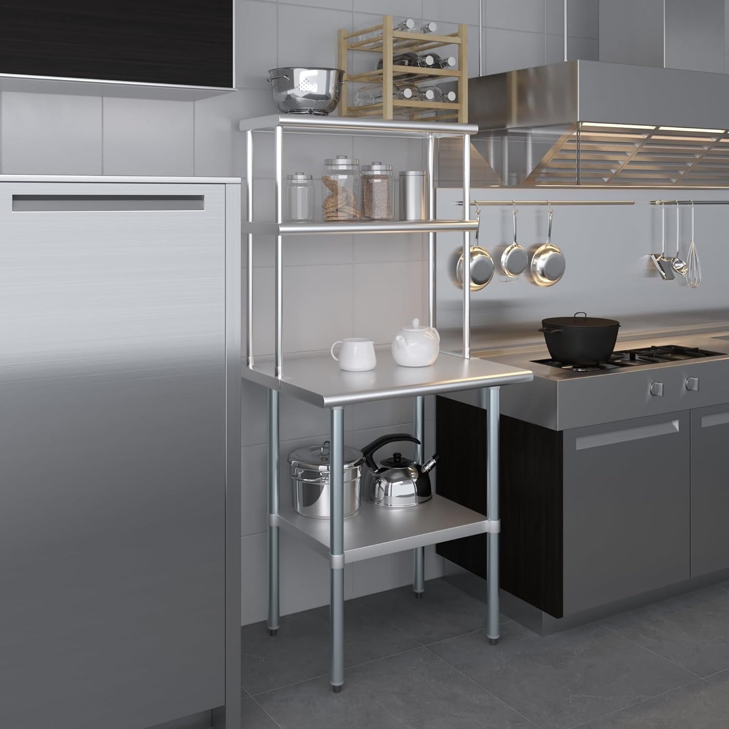 Amgood Stainless Steel Work Table Double Tier Overshelf | Metal Kitchen Prep Table & Shelving Combo (24" x 30" Work Table + 12" Overshelf)