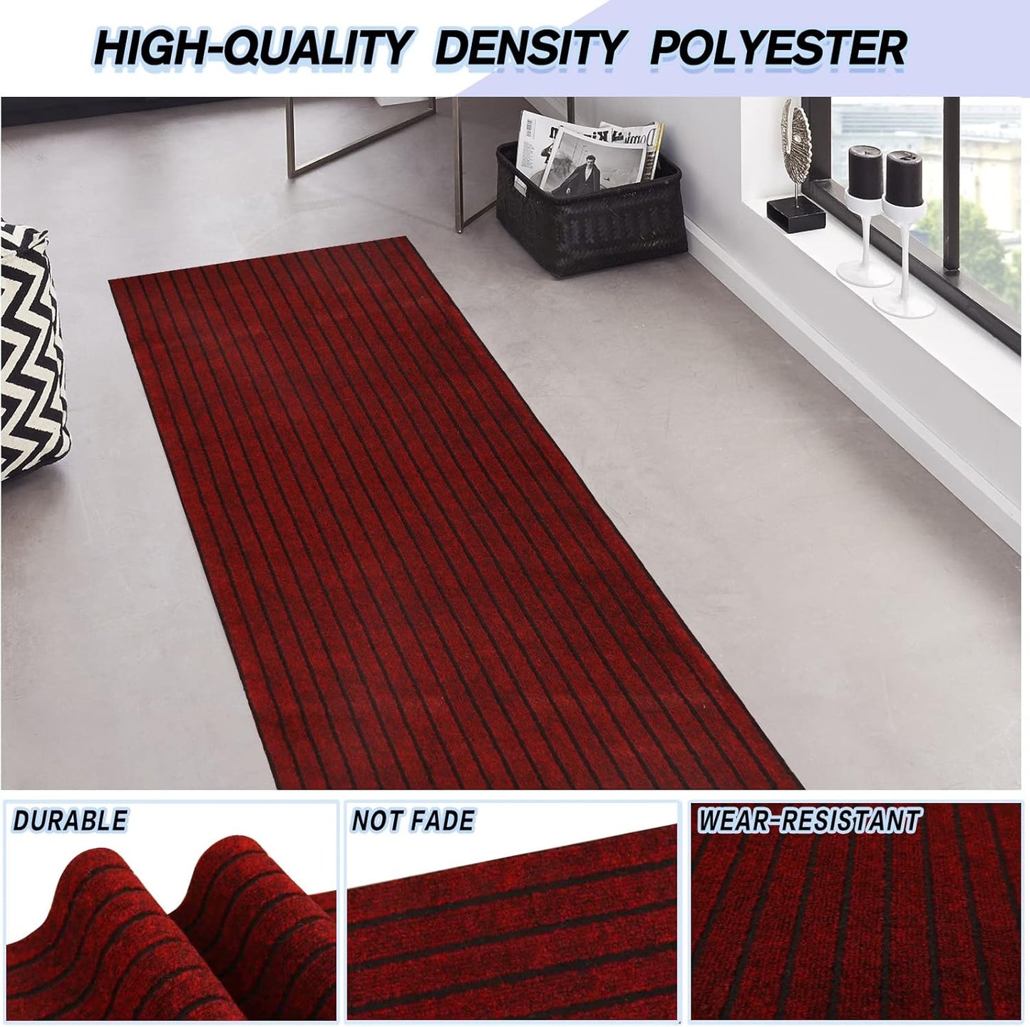Custom Size Backed Non-Slip Area Rugs Runner, Easy Clean, Waterproof Runner Rugs for Hallway Entryway, Kitchen, Laundry, 2FT x 71FT, Red Stripe